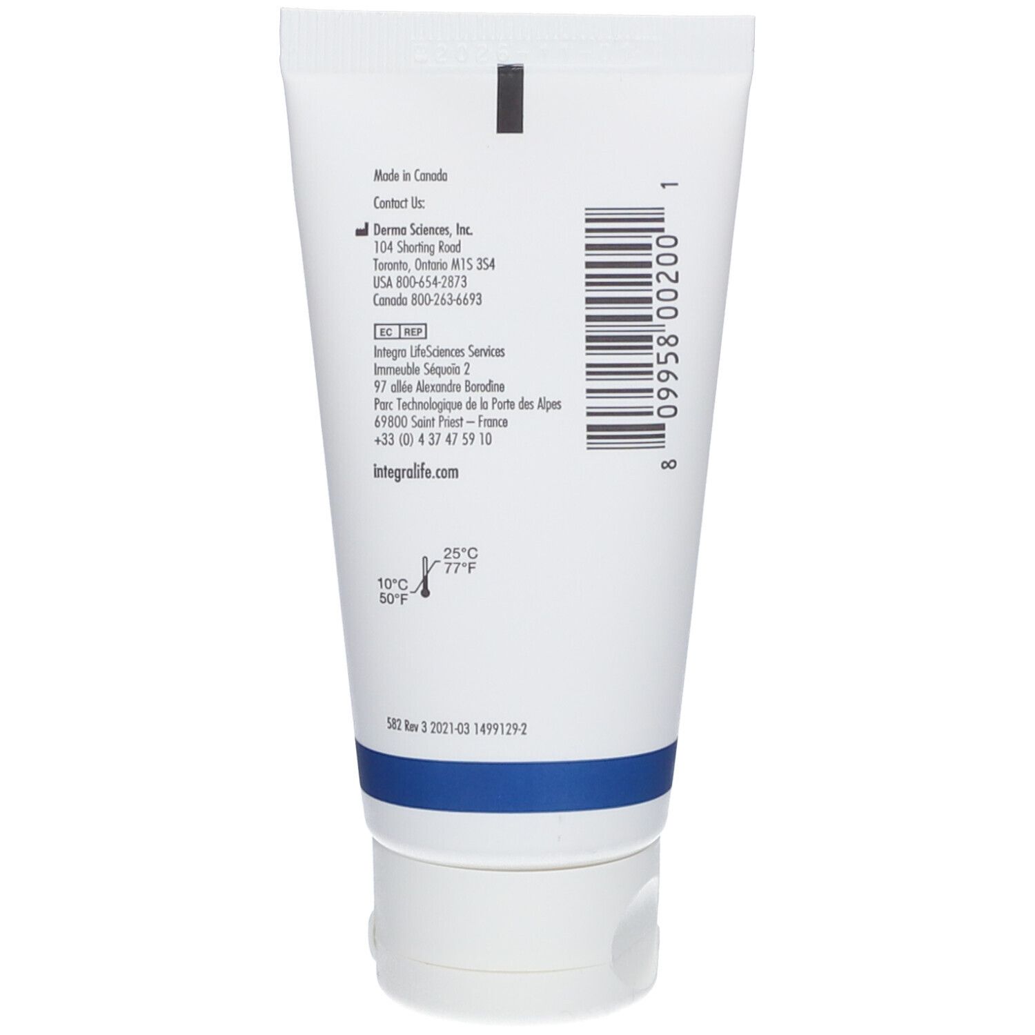 Rückseite der Creme-Tube. Barcode, Kontaktinformationen und Temperaturangaben.