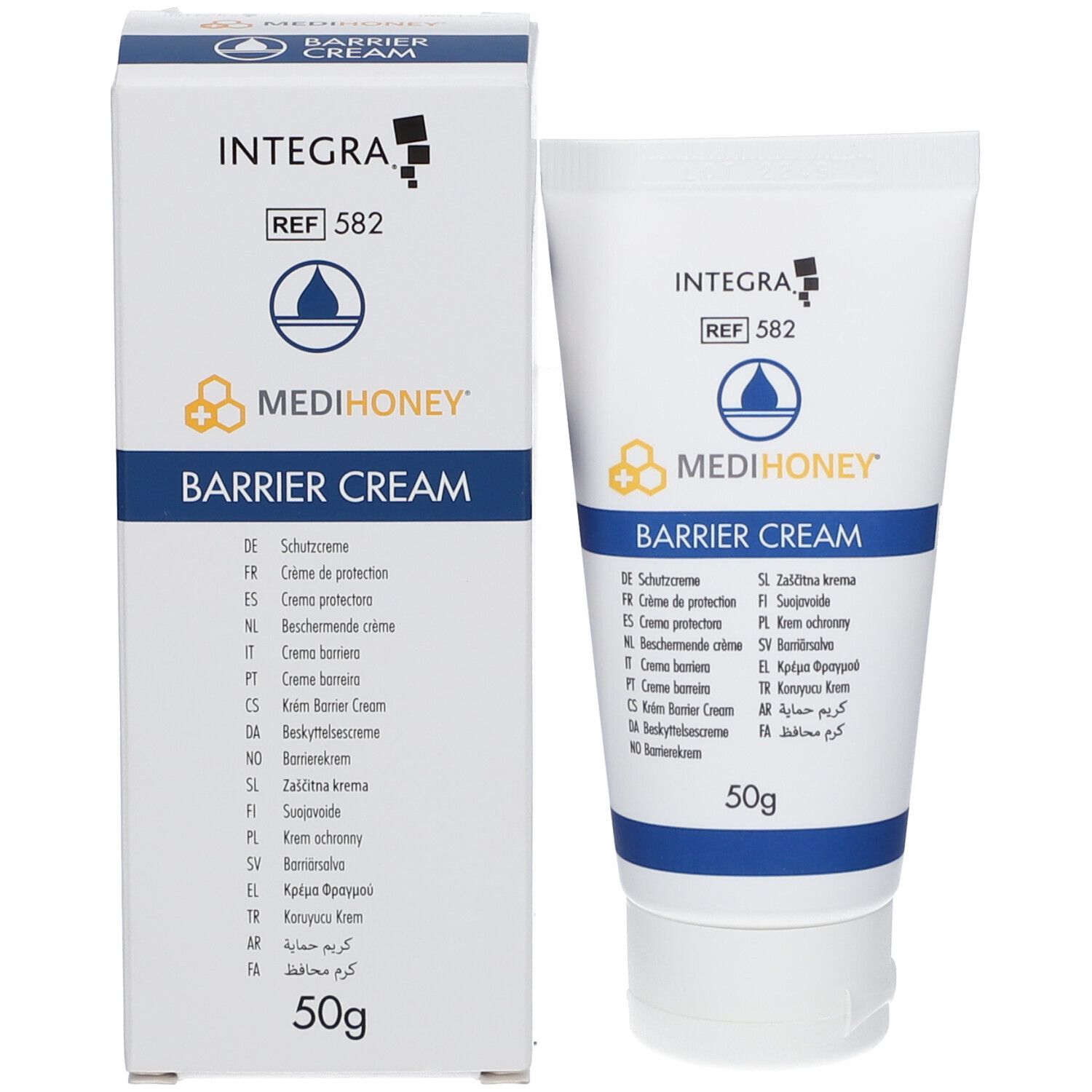 Produktverpackung mit Tube und Karton. Aufschrift: MEDIHONEY Barrier Cream. 50g.