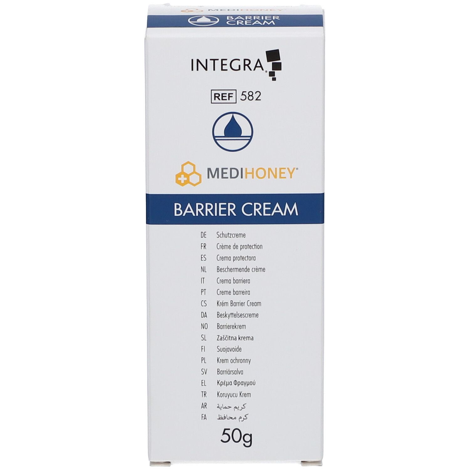 Kartonverpackung, weiß mit blauen Akzenten. Aufschrift: MEDIHONEY Barrier Cream. 50g.