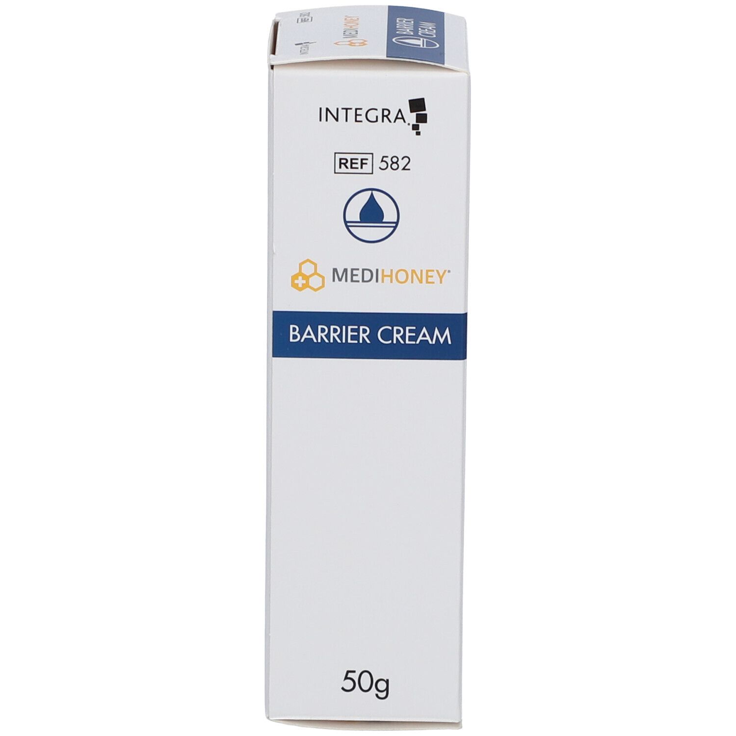 Kartonverpackung, weiß mit blauen Akzenten. Aufschrift: MEDIHONEY Barrier Cream. 50g.