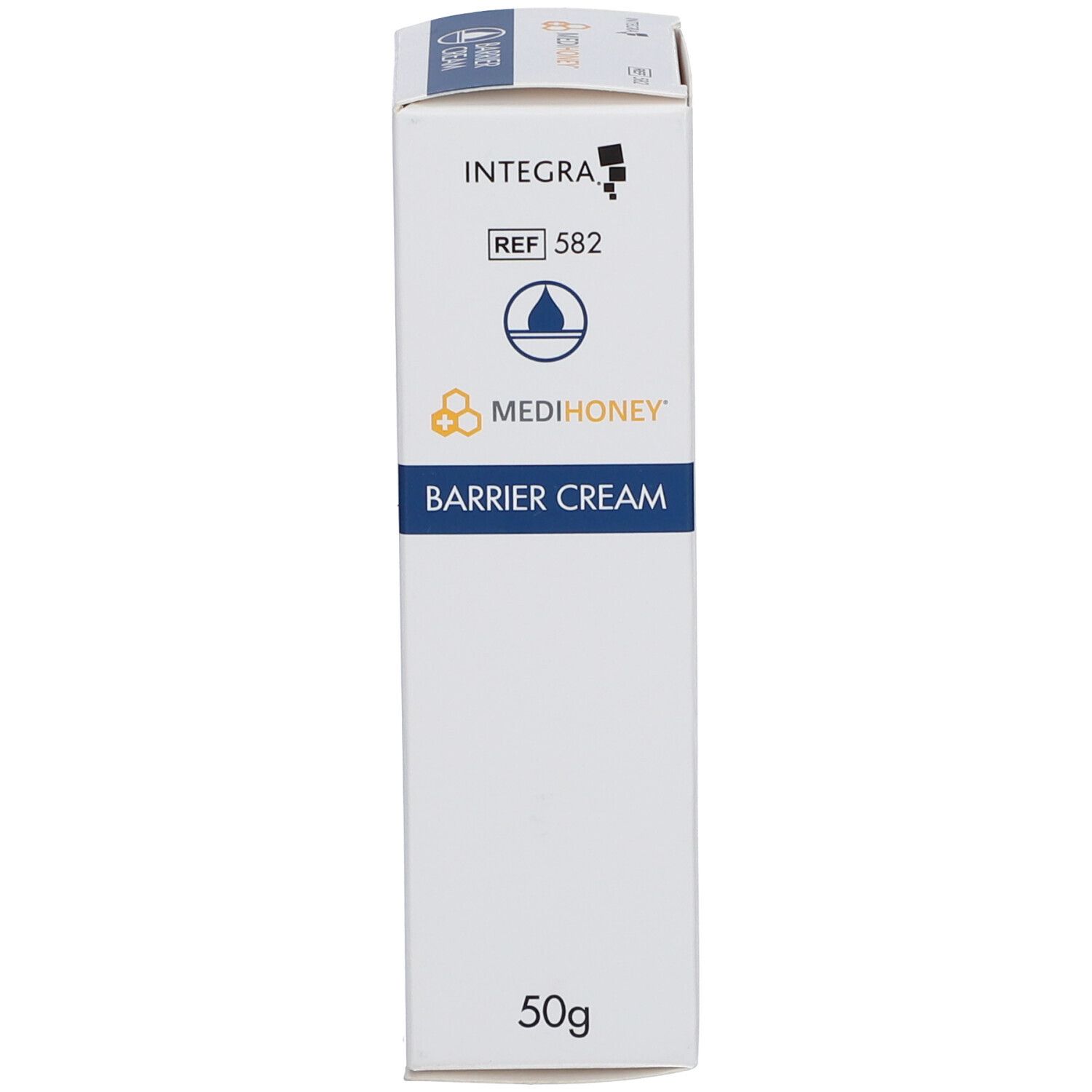 Kartonverpackung, weiß mit blauen Akzenten. Aufschrift: MEDIHONEY Barrier Cream. 50g.