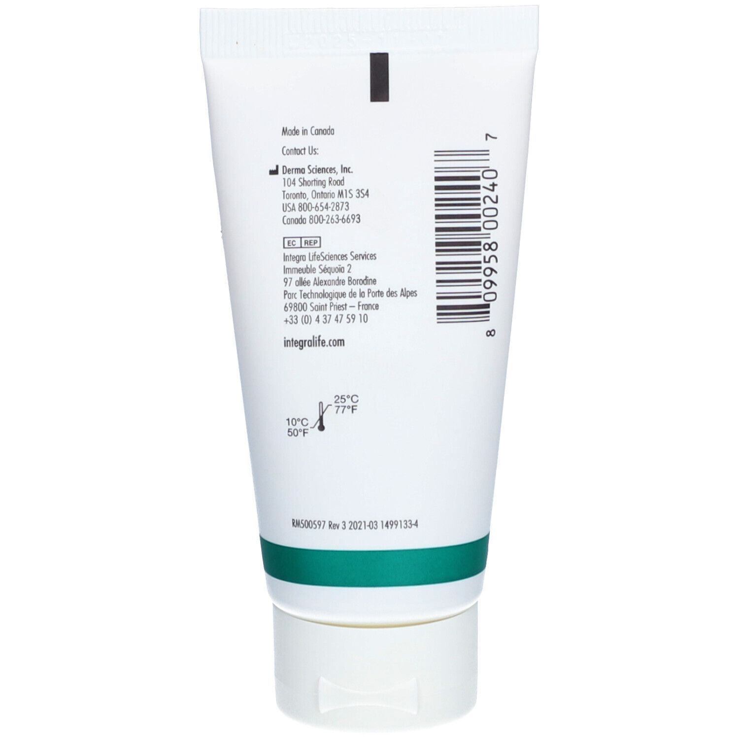 Rückseite des Creme-Tubes. Barcode, Herstellerinformationen, Temperaturangaben.