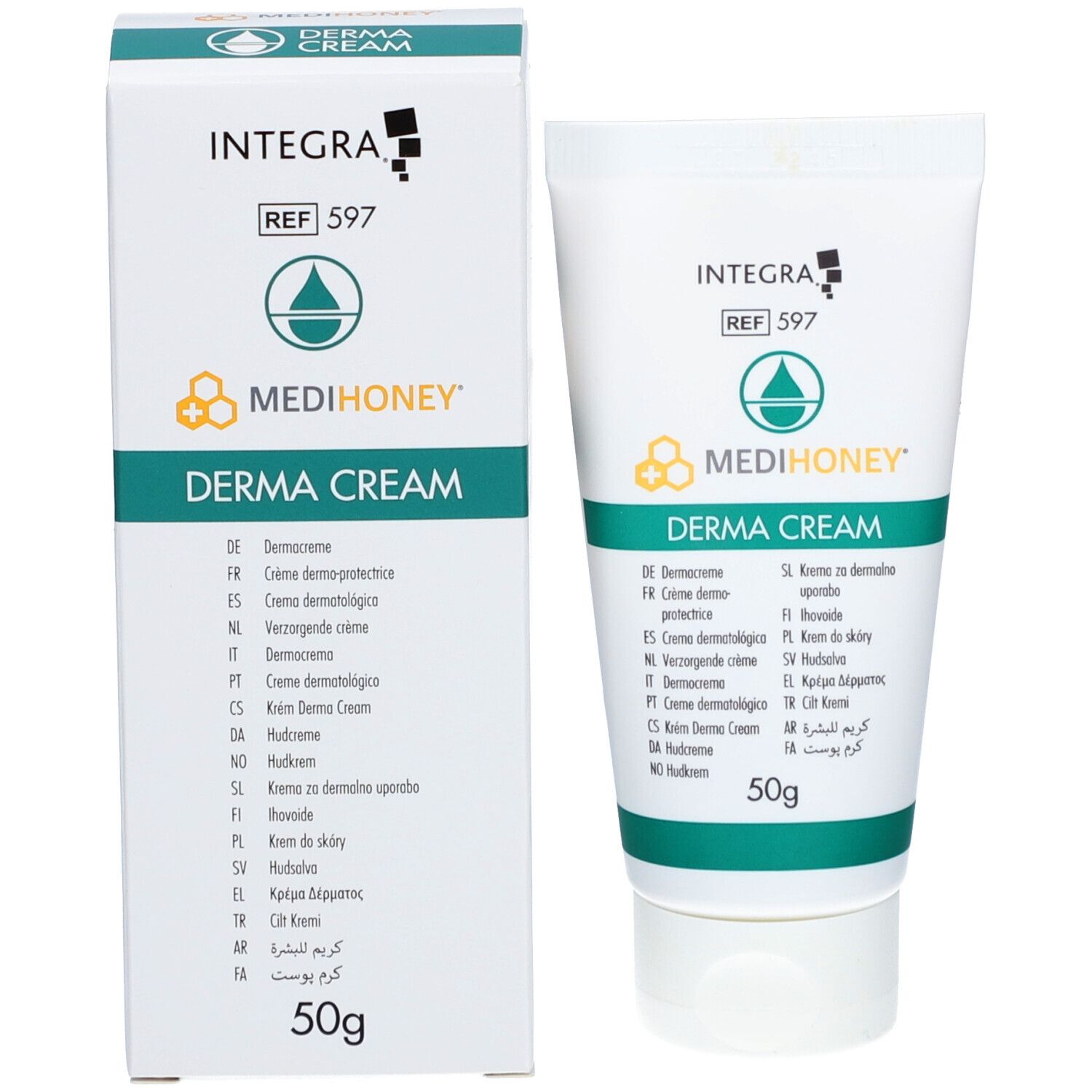 MEDIHONEY® DERMA CREAM Tube und Schachtel. Weiß, grün, gelb. 50g. Mehrsprachiger Text.
