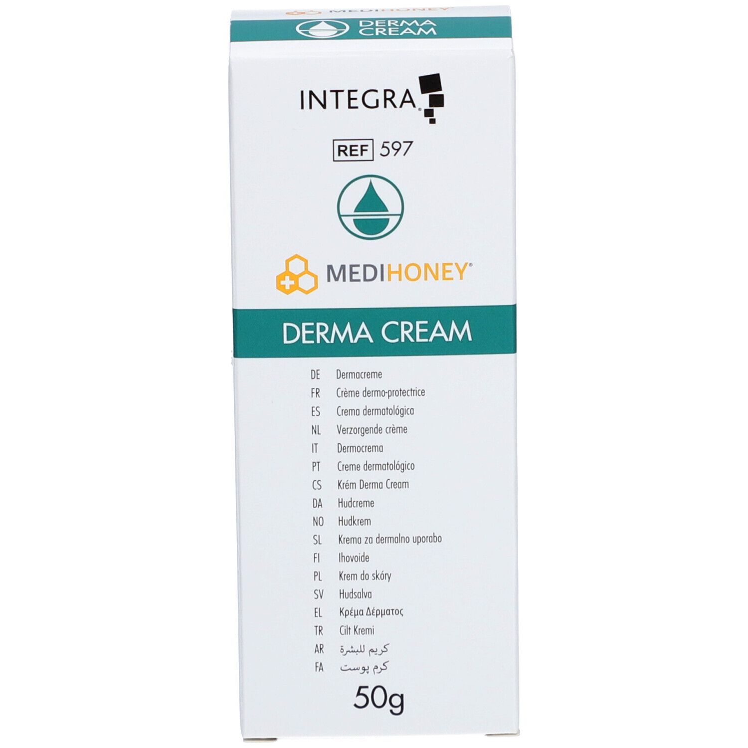 Schachtel mit MEDIHONEY® DERMA CREAM. Weiß, grün, gelb. 50g. Mehrsprachiger Text.