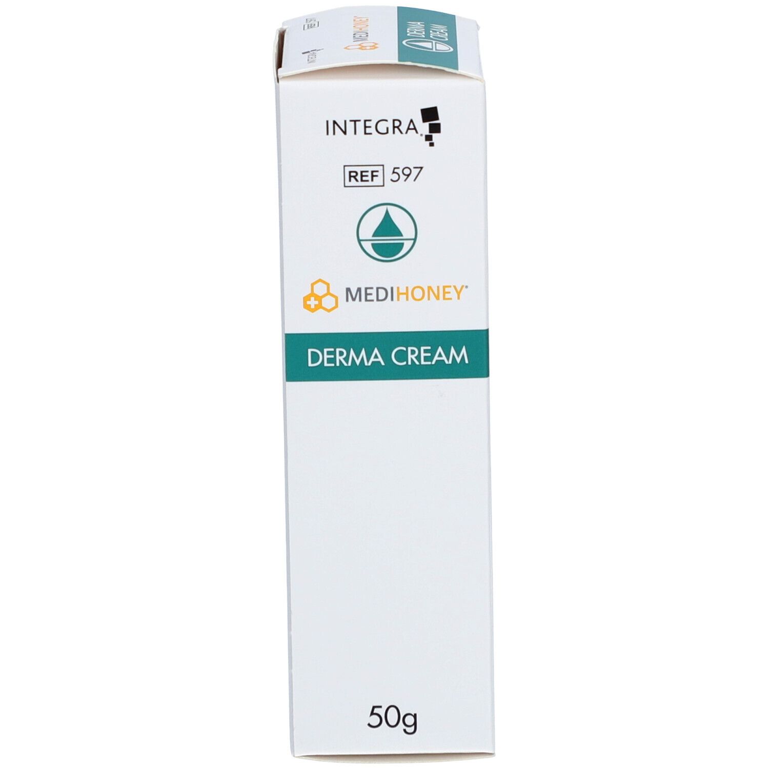 Schachtel mit MEDIHONEY® DERMA CREAM. Weiß, grün, gelb. 50g. Winkelansicht.
