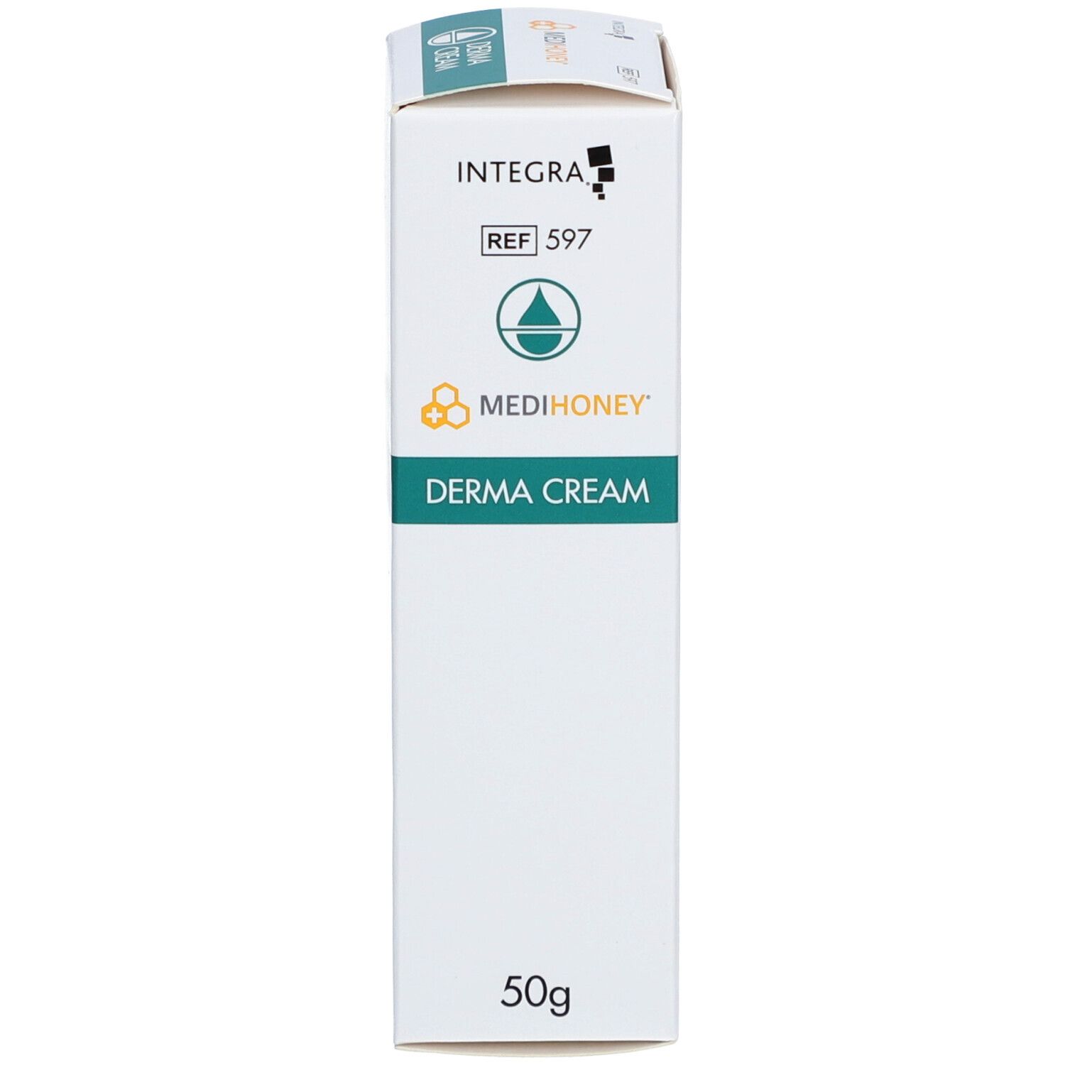 Schachtel mit MEDIHONEY® DERMA CREAM. Weiß, grün, gelb. 50g. Winkelansicht.