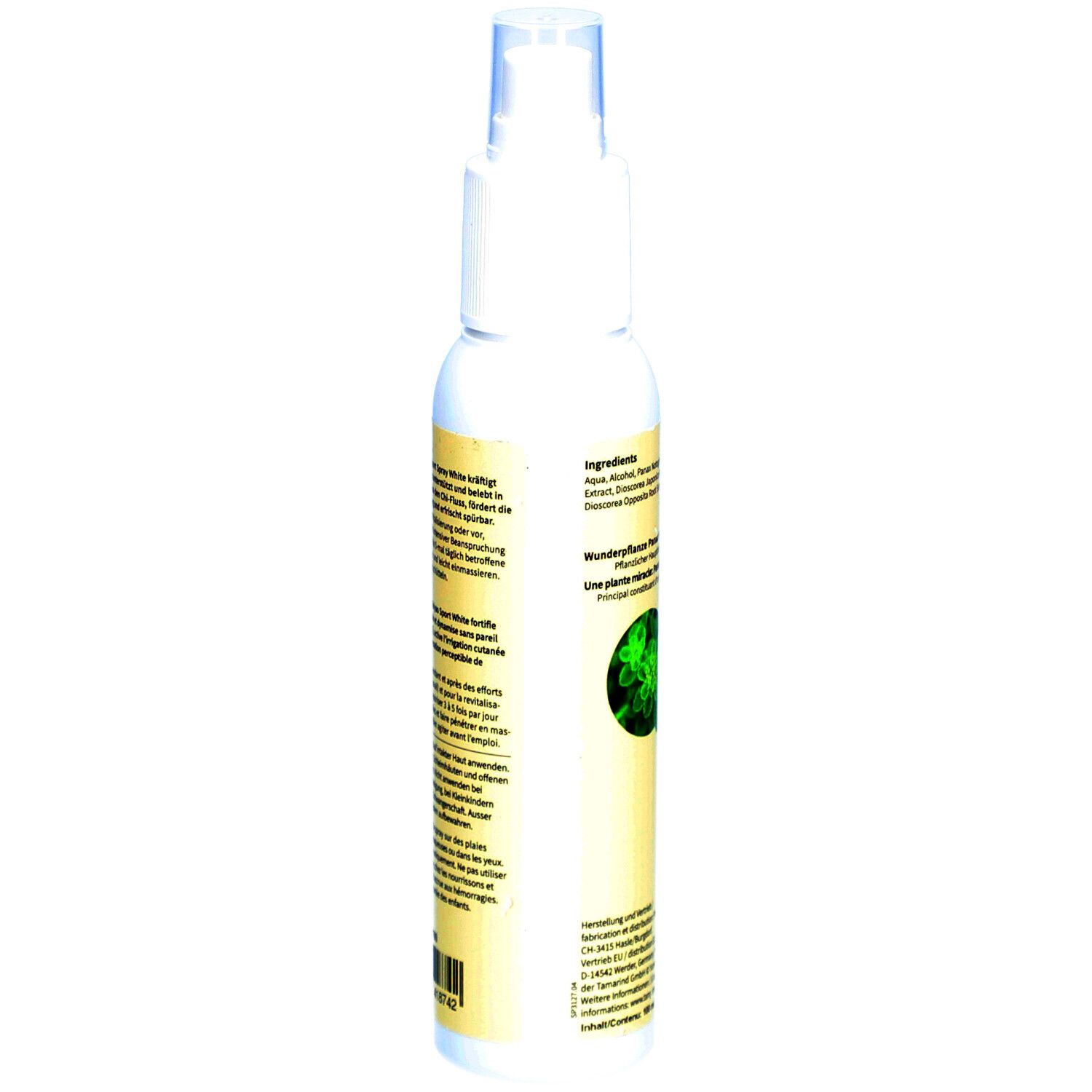 Rückansicht der weißen Sprühflasche. Etikett mit Inhaltsstoffen und Pflanzenabbildung.