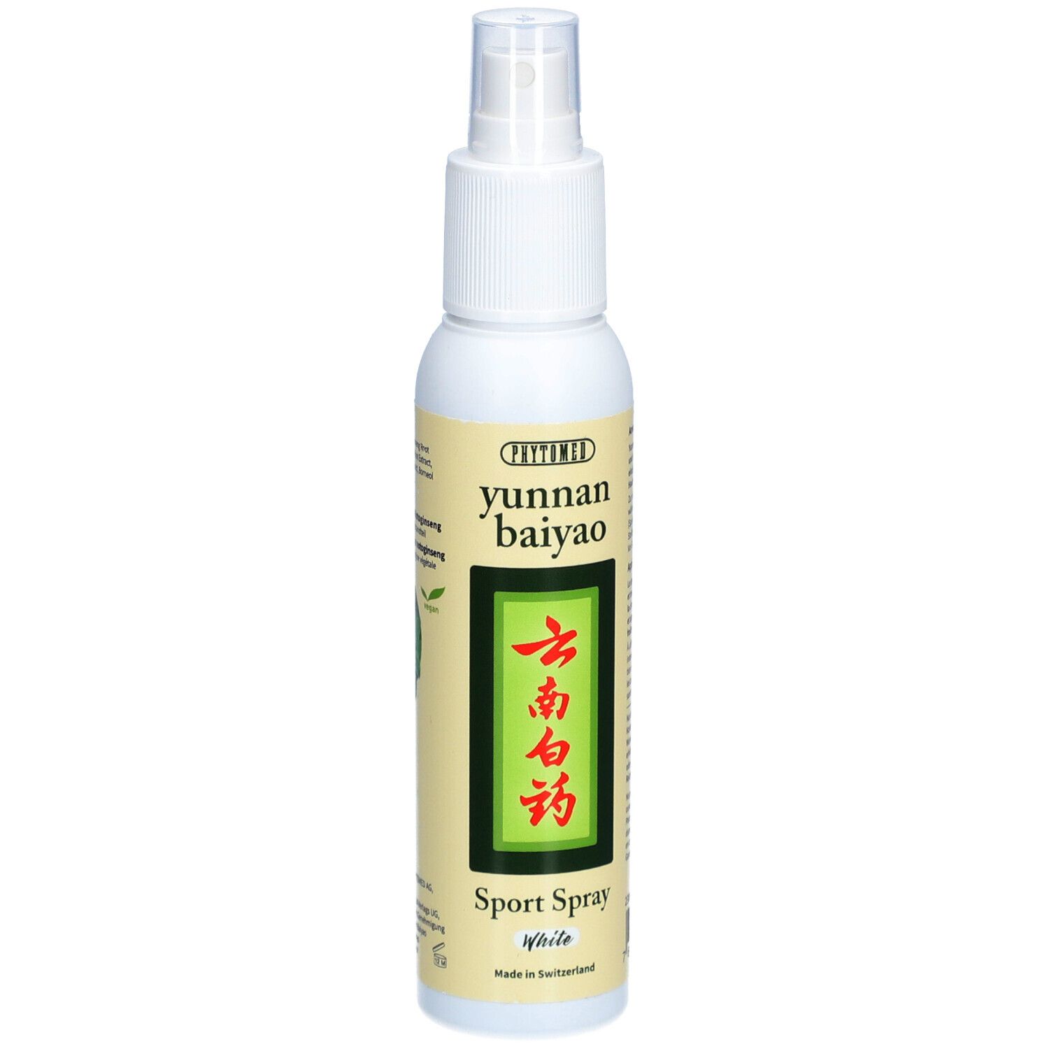 Weiße Sprühflasche mit Etikett. Aufschrift: Yunnan Baiyao Sport Spray White. Grünes Logo.
