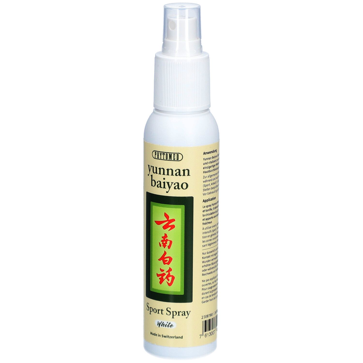 Weiße Sprühflasche mit Etikett. Aufschrift: Yunnan Baiyao Sport Spray White. Grünes Logo.