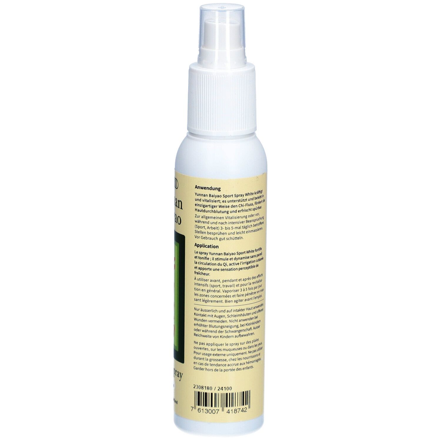 Rückansicht der weißen Sprühflasche. Etikett mit Anwendungshinweisen und Barcode.