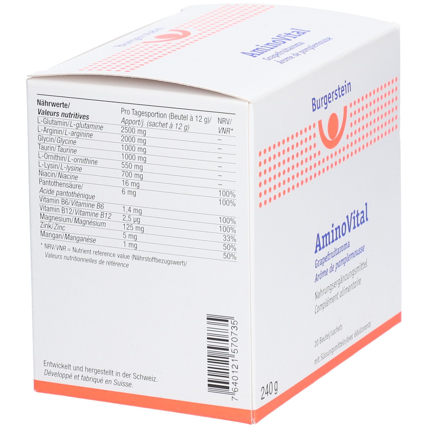 Rückseite der AminoVital-Schachtel. Enthält Nährwertangaben pro Tagesportion. Enthält L-Glutamin, L-Arginin, Glycin, Taurin, uvm. 20 Beutel.
