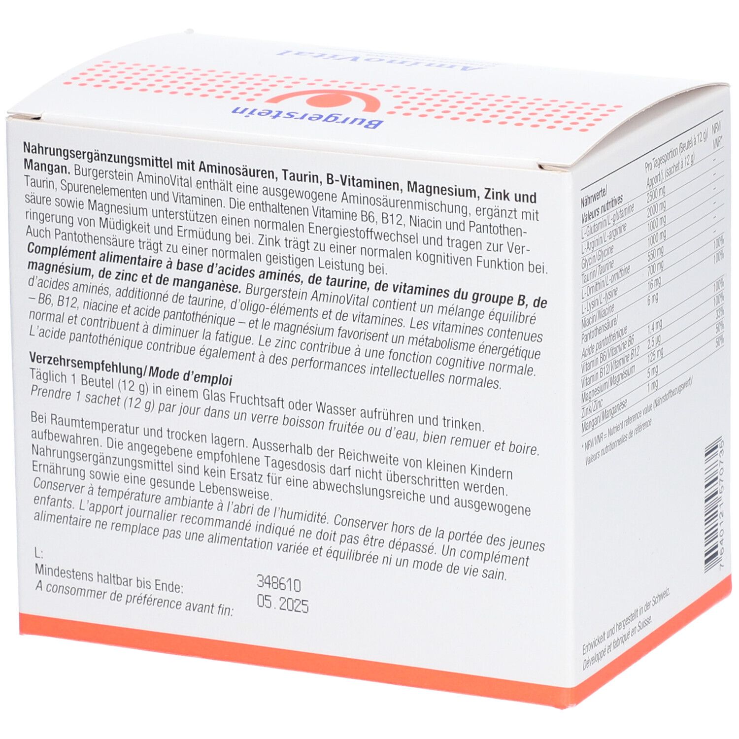 Rückseite der AminoVital-Schachtel mit Text. Enthält Informationen zu Inhaltsstoffen und Anwendung. Mindestens haltbar bis 05.2025.