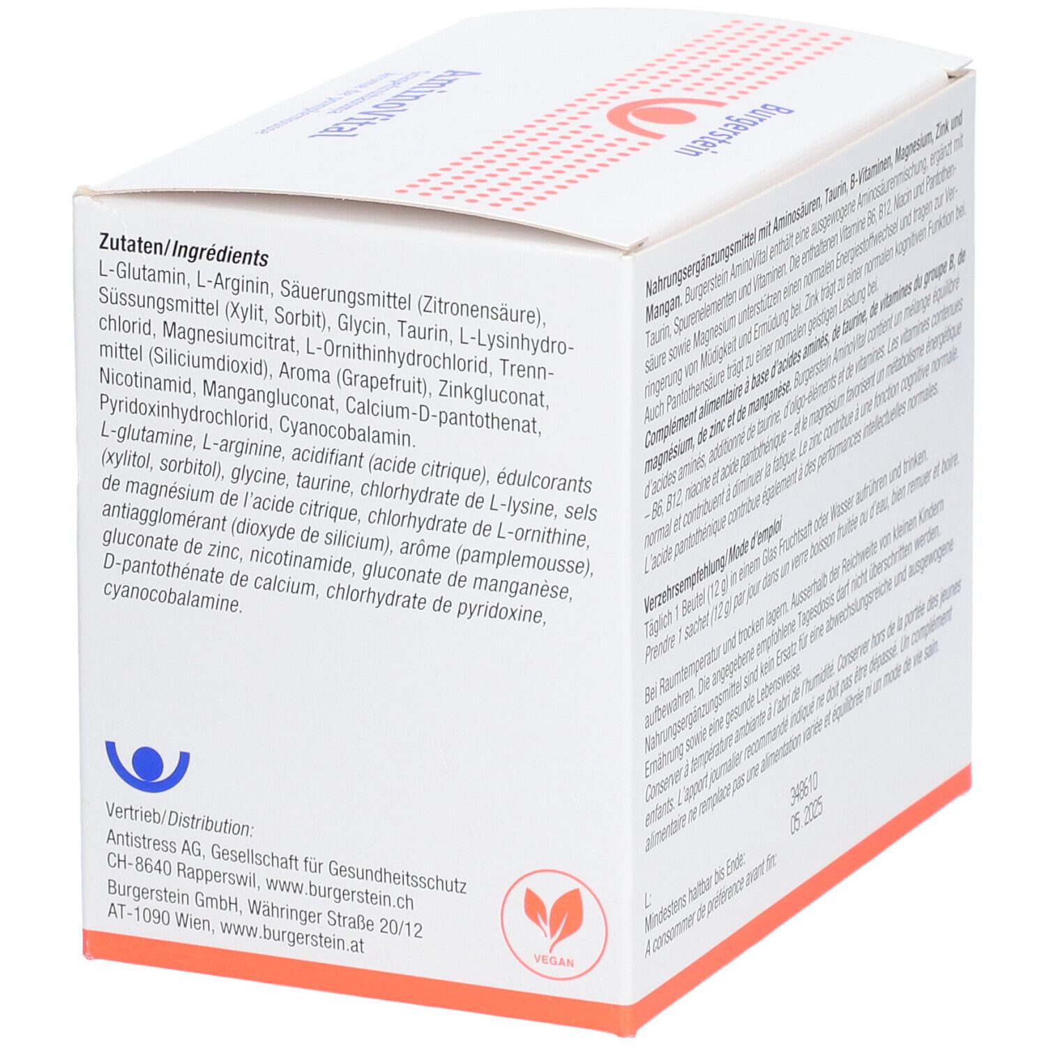 AminoVital-Schachtel mit Zutatenliste. Enthält L-Glutamin, Zitronensäure, Süßungsmittel, Glycin, Taurin, etc. Vegan-Logo.