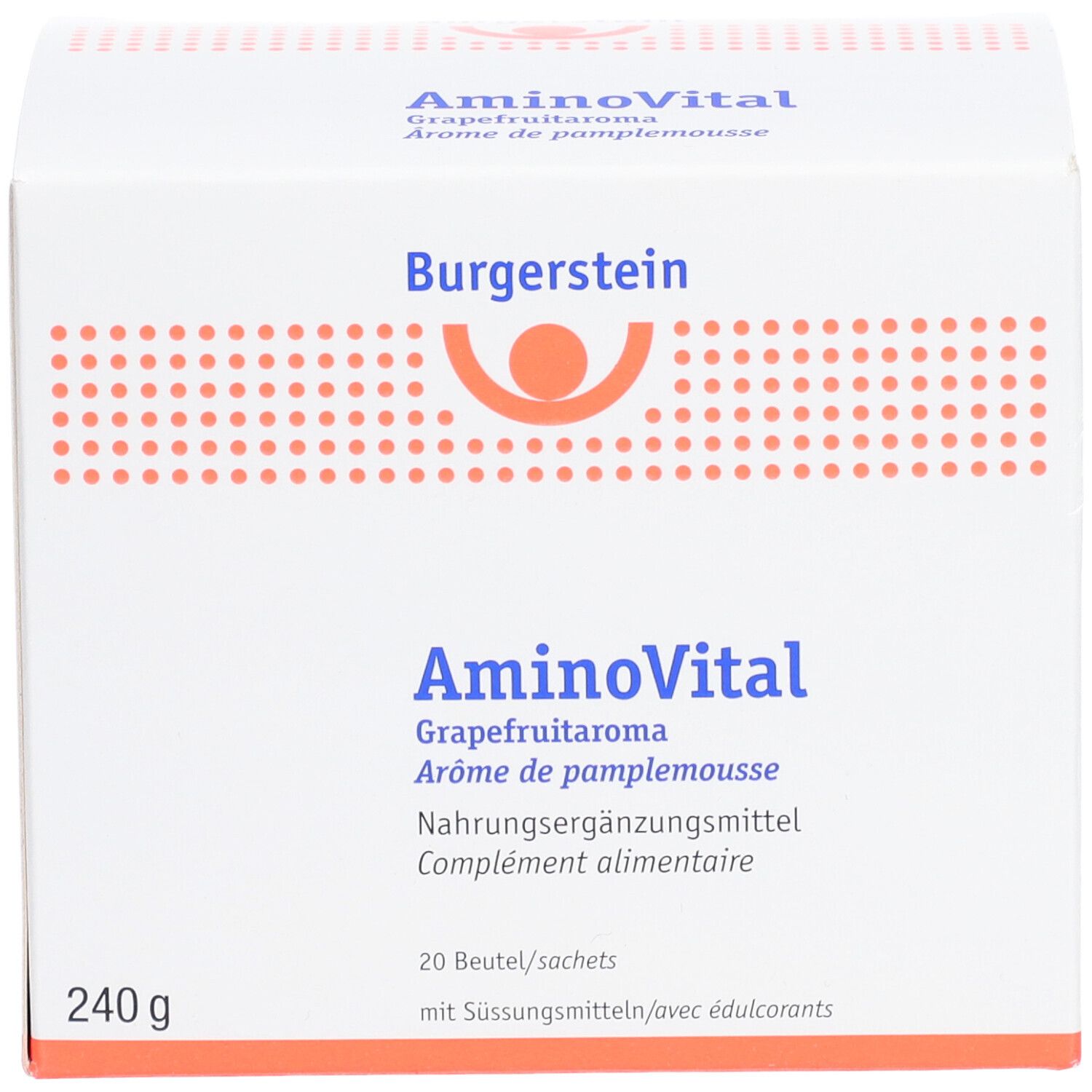 Weiße Schachtel mit Burgerstein-Logo und Aufschrift AminoVital. Enthält 20 Beutel, 240g, Grapefruitaroma. Nahrungsergänzungsmittel.