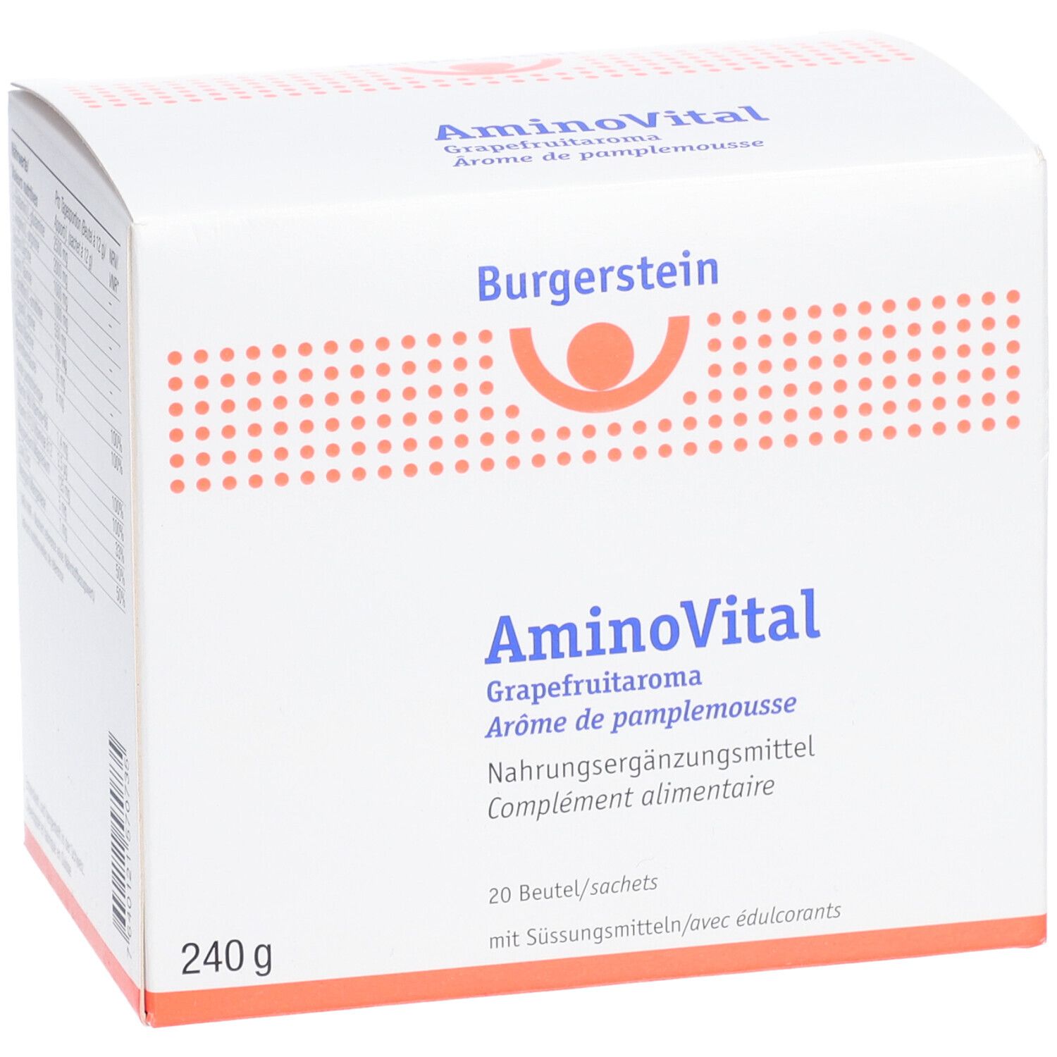Weiße Schachtel mit Burgerstein-Logo und Aufschrift AminoVital. Enthält 20 Beutel, 240g, Grapefruitaroma. Nahrungsergänzungsmittel.