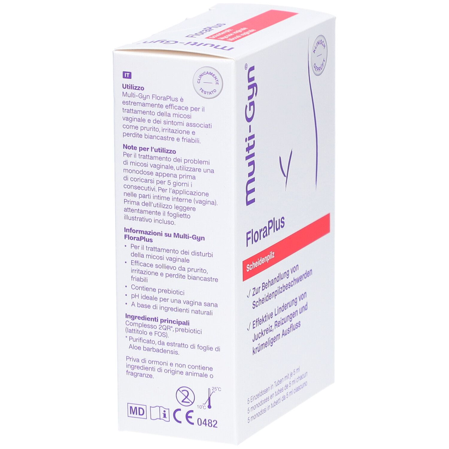 Verpackung von Multi-Gyn FloraPlus. Aufschrift: FloraPlus, Scheidenpilz. Text in Deutsch und Italienisch.