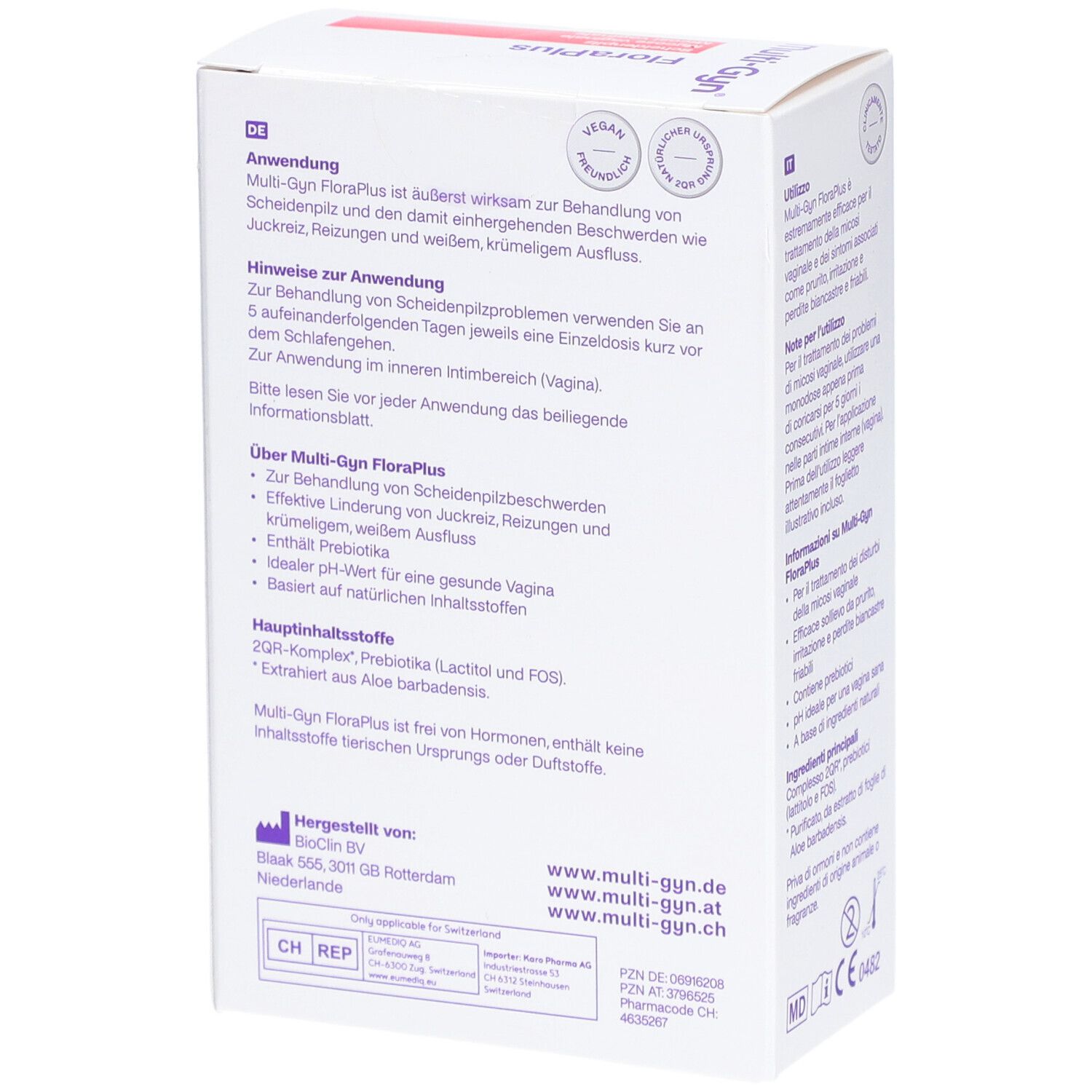 Verpackung von Multi-Gyn FloraPlus. Aufschrift: FloraPlus, Scheidenpilz. Text in Deutsch.