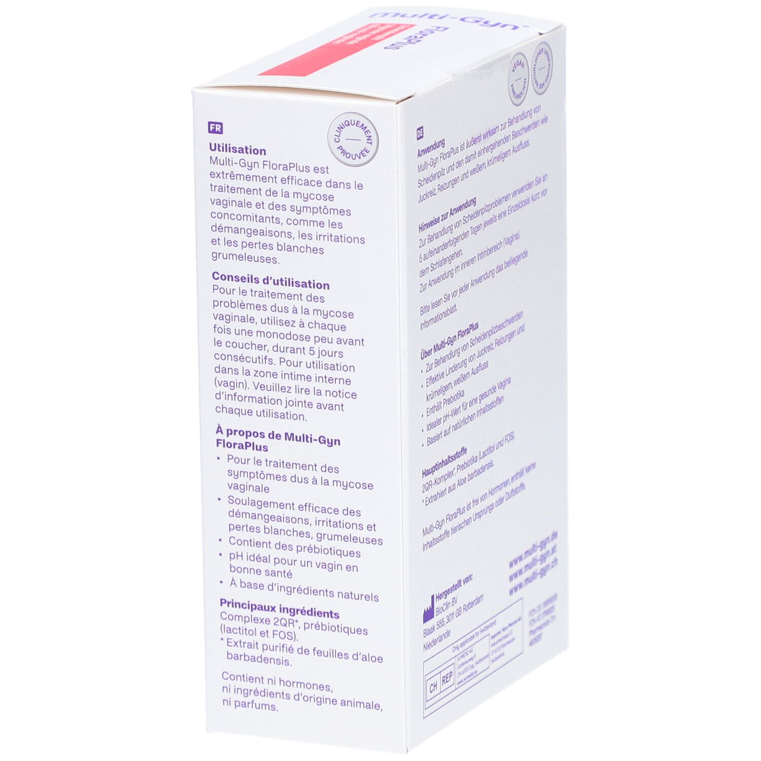 Verpackung von Multi-Gyn FloraPlus. Aufschrift: FloraPlus, Scheidenpilz. Text in Französisch.