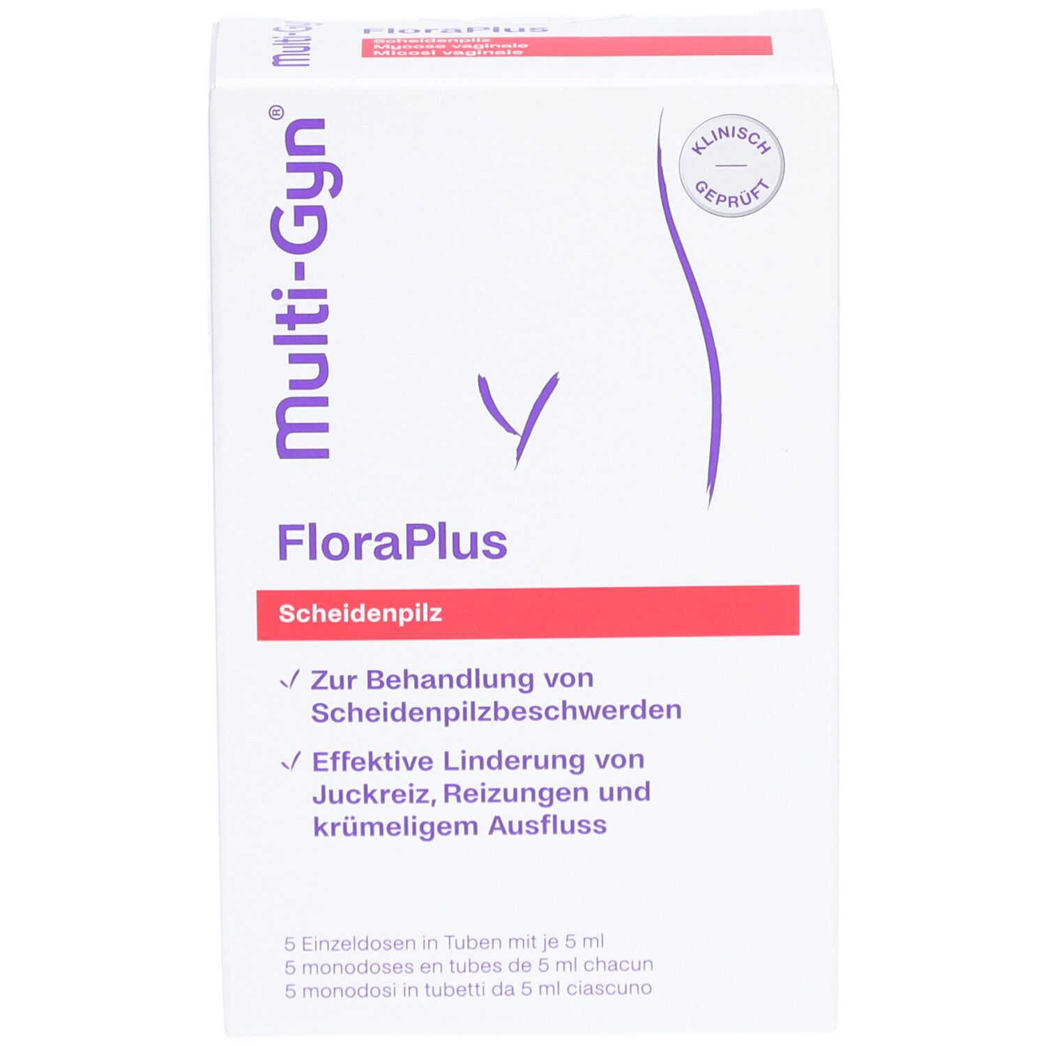 Verpackung von Multi-Gyn FloraPlus. Aufschrift: FloraPlus, Scheidenpilz. Klinisch geprüft.