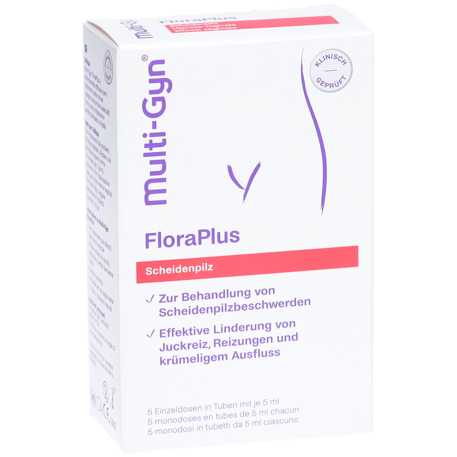 Verpackung von Multi-Gyn FloraPlus. Aufschrift: FloraPlus, Scheidenpilz. Klinisch geprüft.