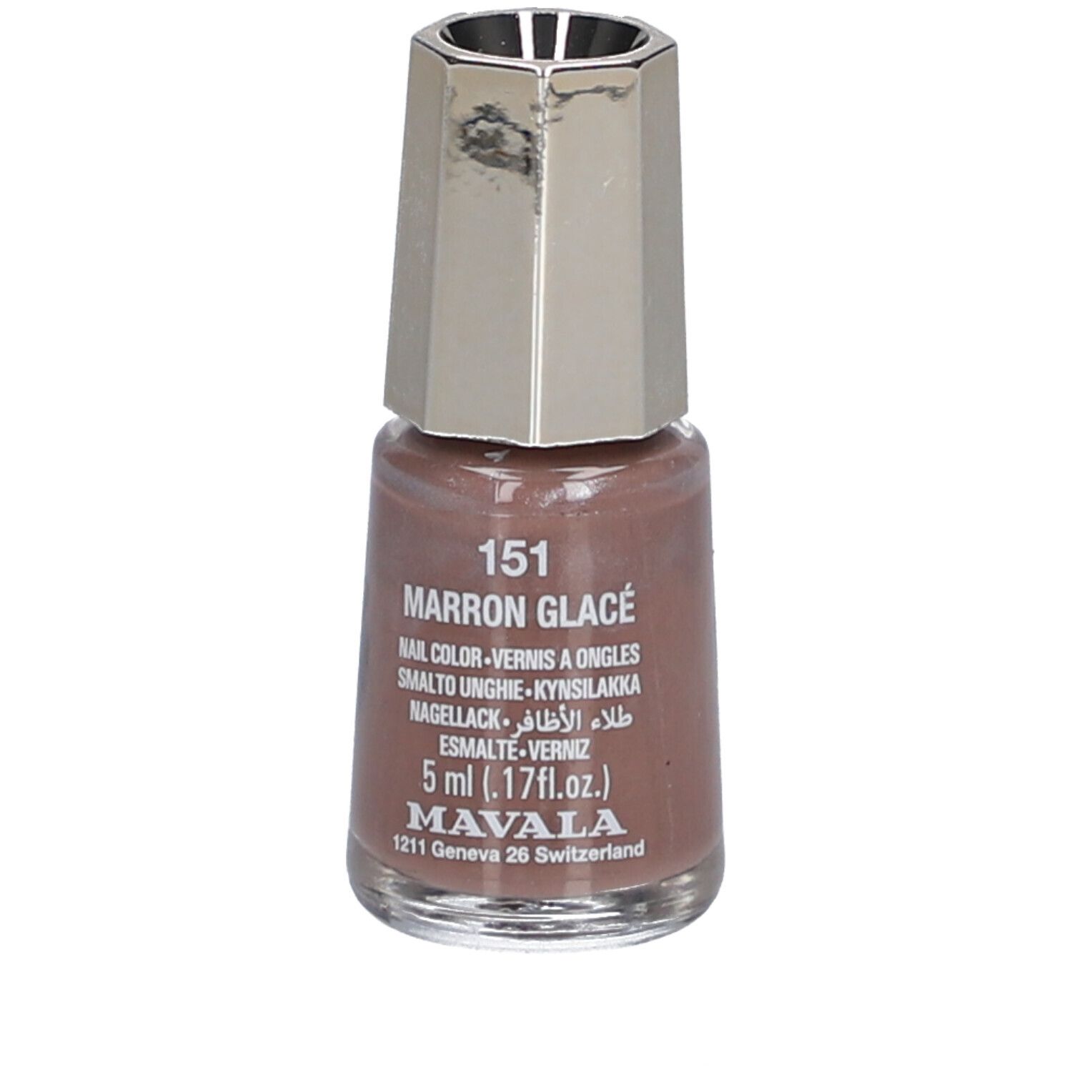 Nagellackflasche, braune Farbe, silberner Deckel. Aufschrift: 151 Marron Glacé, 5 ml, Mavala.