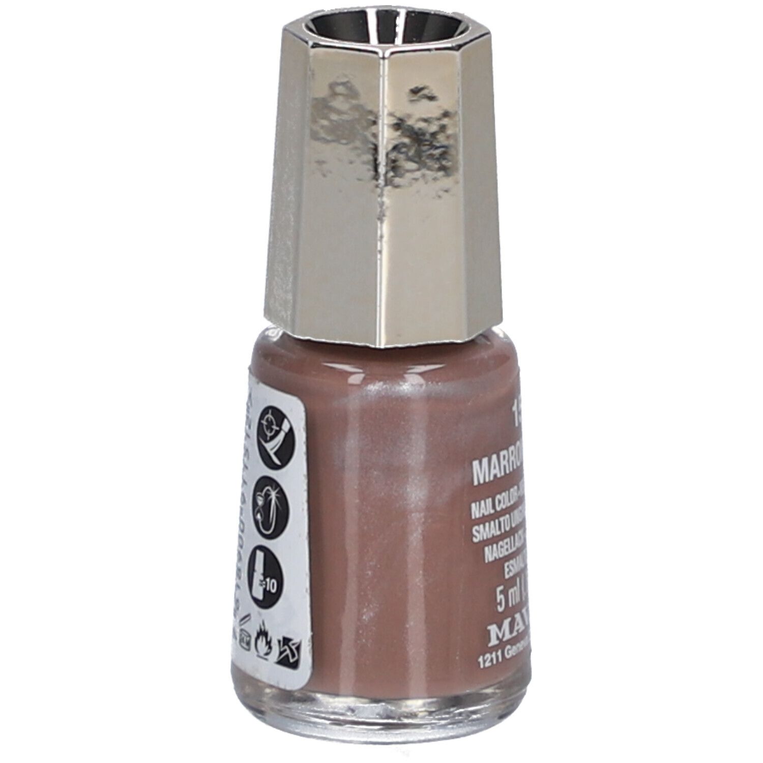 Nagellackflasche, braune Farbe, silberner Deckel. Aufschrift: 151 Marron Glacé, 5 ml, Mavala. Rückseite mit Symbolen.