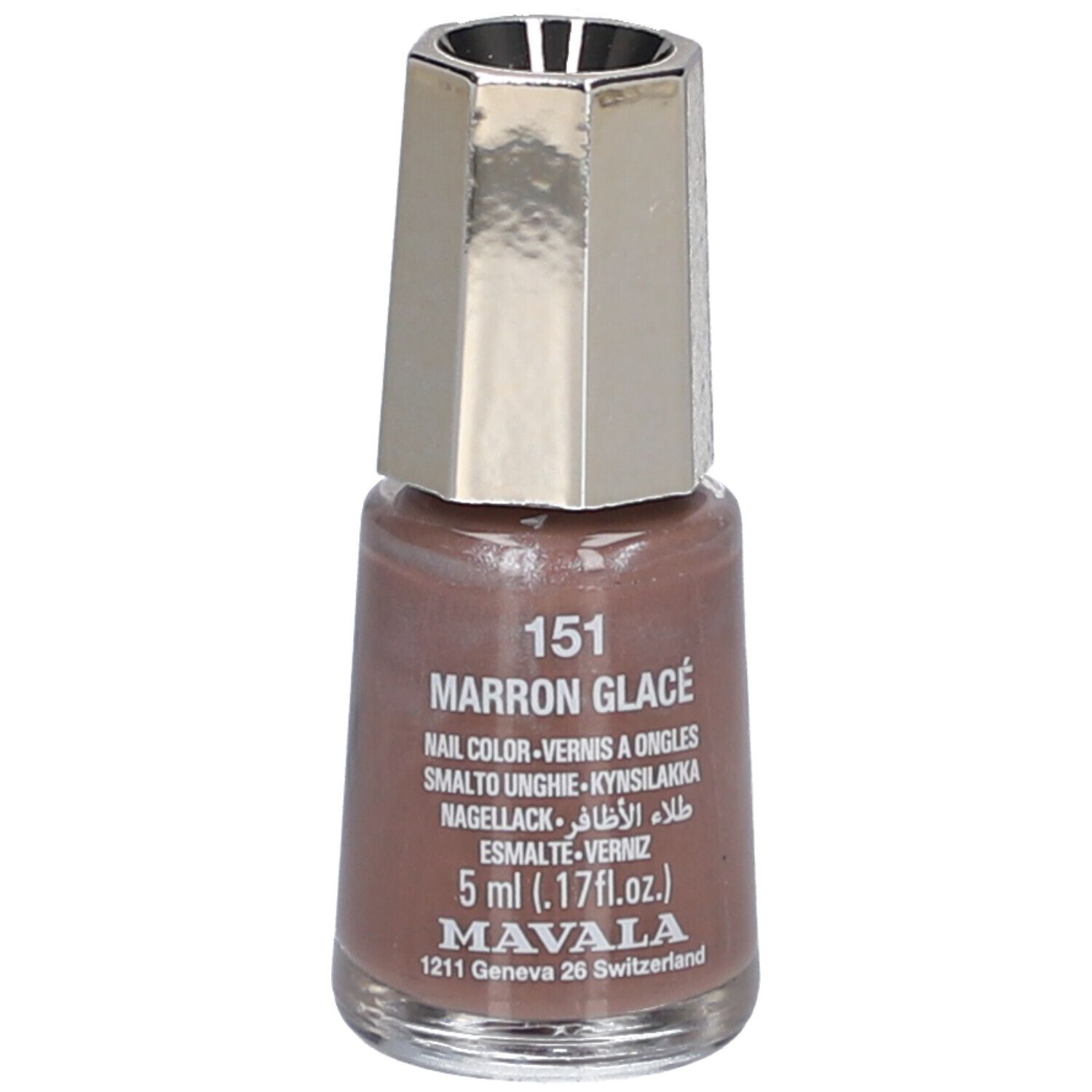 Nagellackflasche, braune Farbe, silberner Deckel. Aufschrift: 151 Marron Glacé, 5 ml, Mavala.