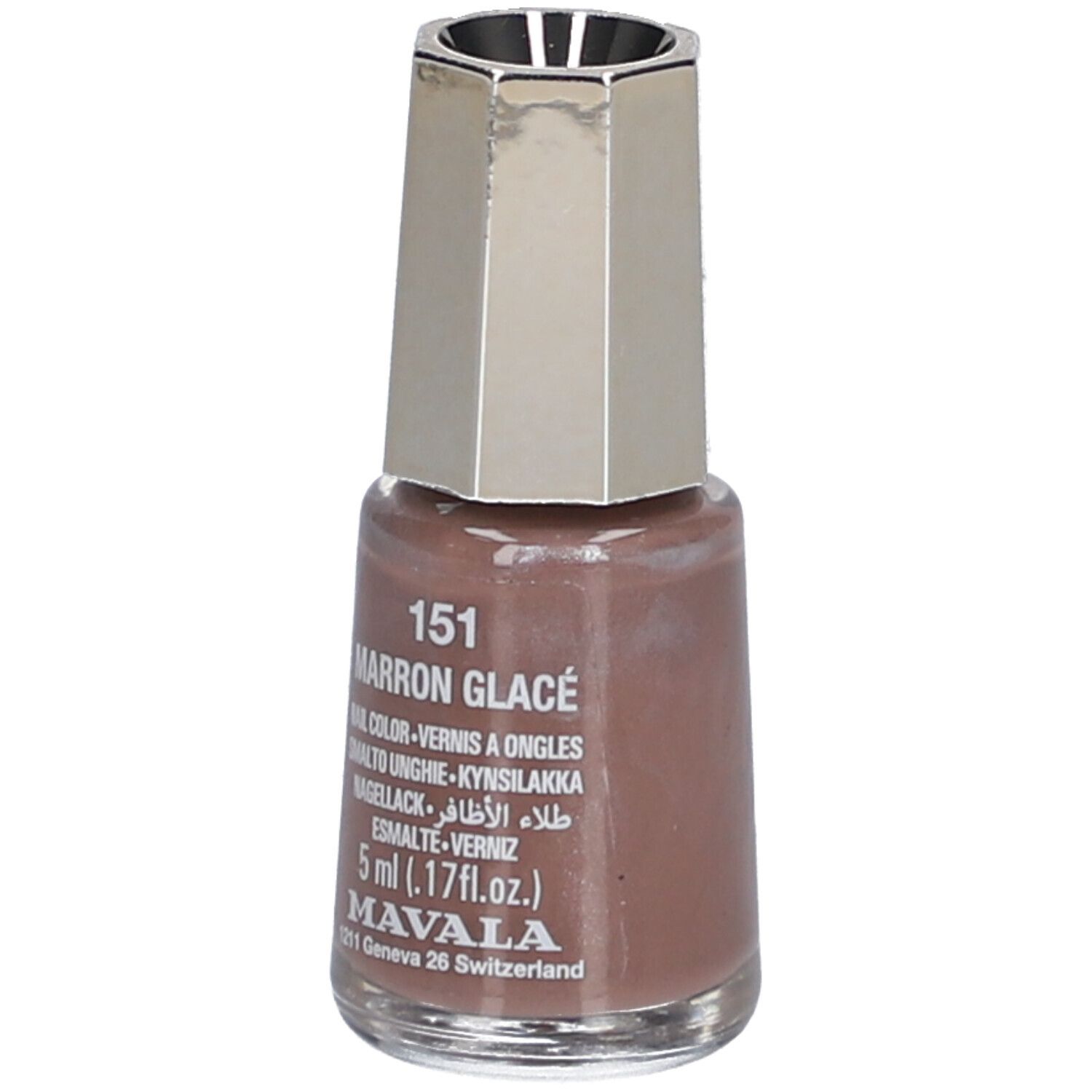Nagellackflasche, braune Farbe, silberner Deckel. Aufschrift: 151 Marron Glacé, 5 ml, Mavala.