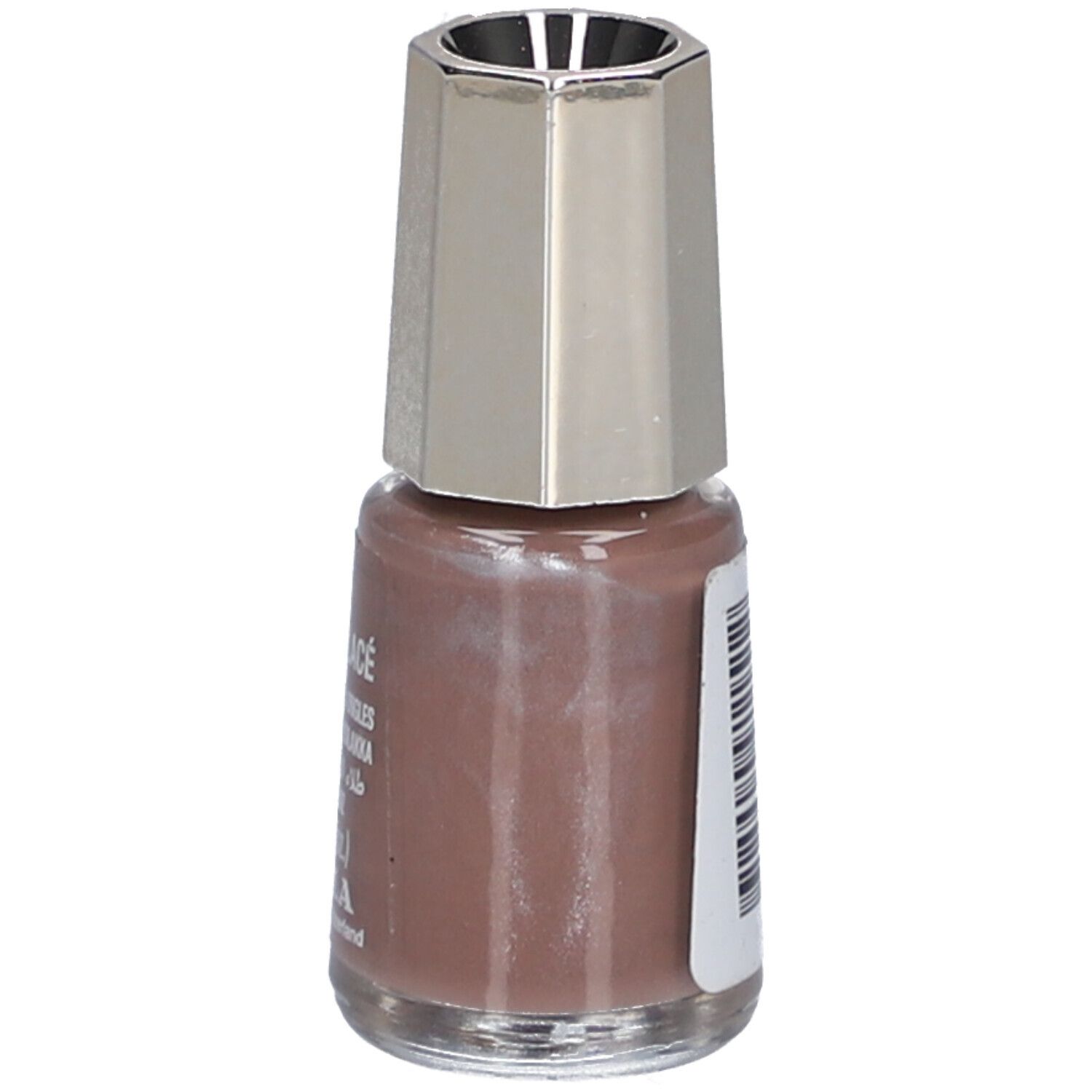 Nagellackflasche, braune Farbe, silberner Deckel. Aufschrift: 151 Marron Glacé, 5 ml, Mavala.