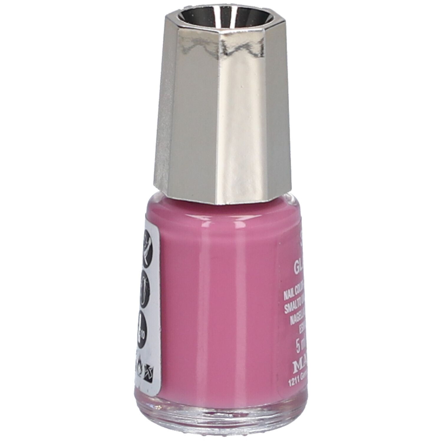 Nagellackflasche, rosa, mit silberfarbenem Deckel. Aufkleber mit Text und Barcode.