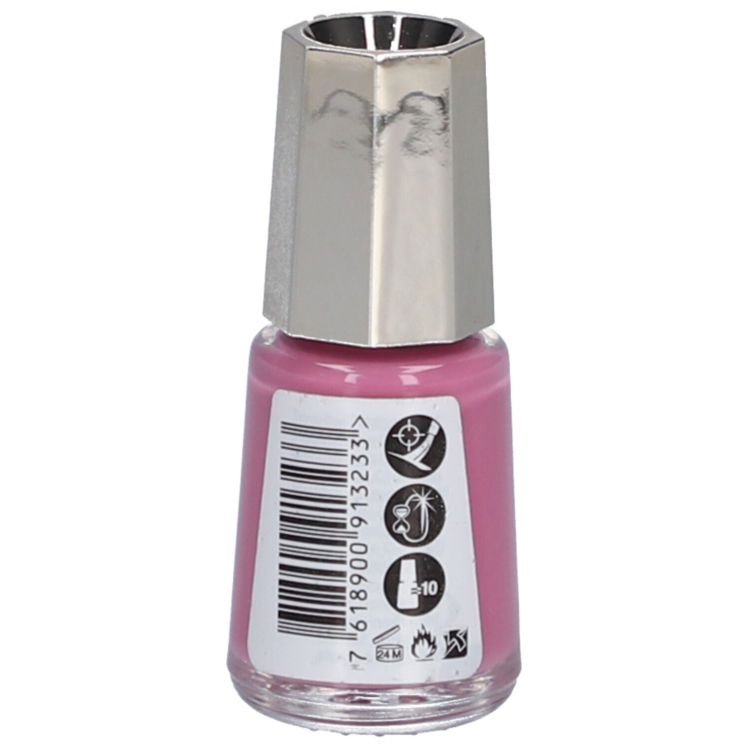 Nagellackflasche, rosa, mit silberfarbenem Deckel. Rückseite mit Barcode und Symbolen.
