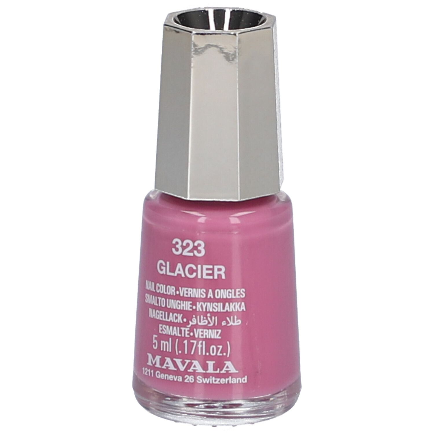 Nagellackflasche, rosa, mit silberfarbenem Deckel. Aufschrift: 323 Glacier, 5 ml, Mavala.