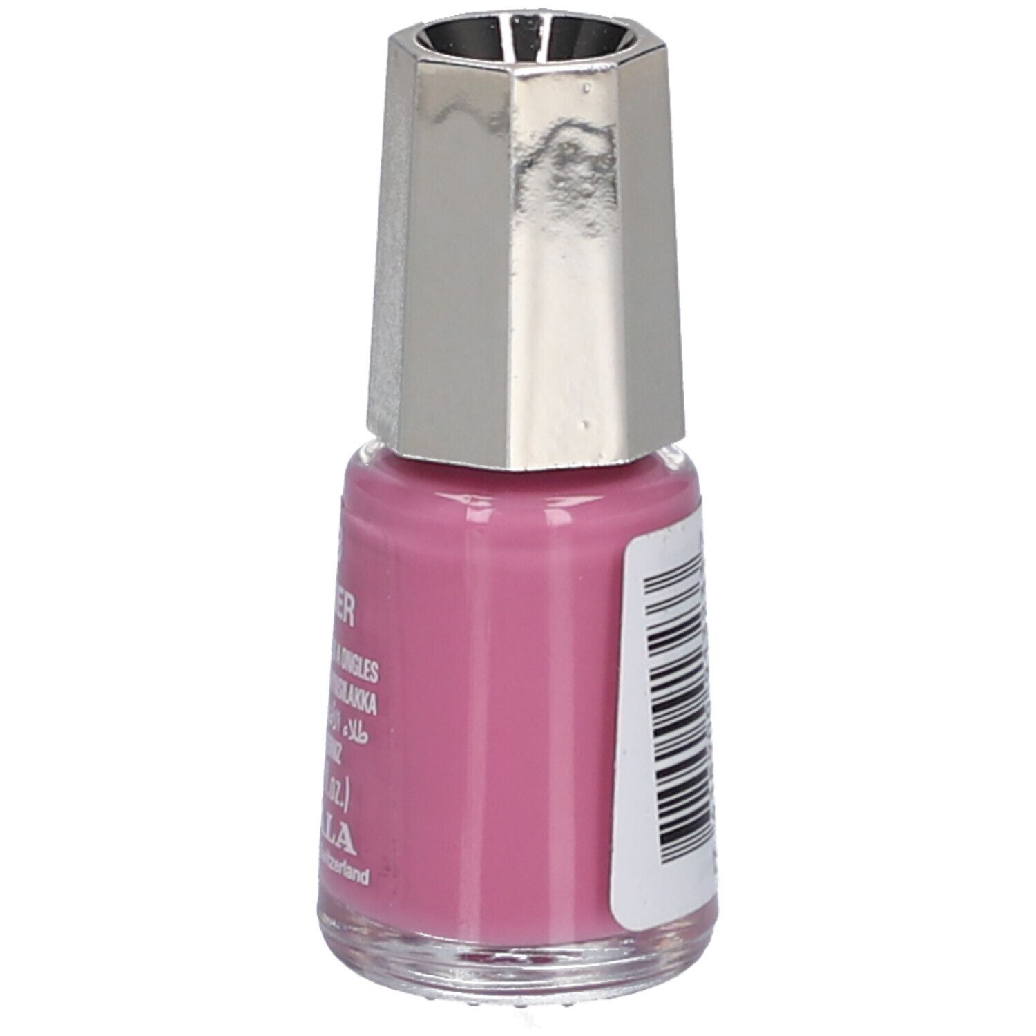 Nagellackflasche, rosa, mit silberfarbenem Deckel. Aufkleber mit Text und Barcode.