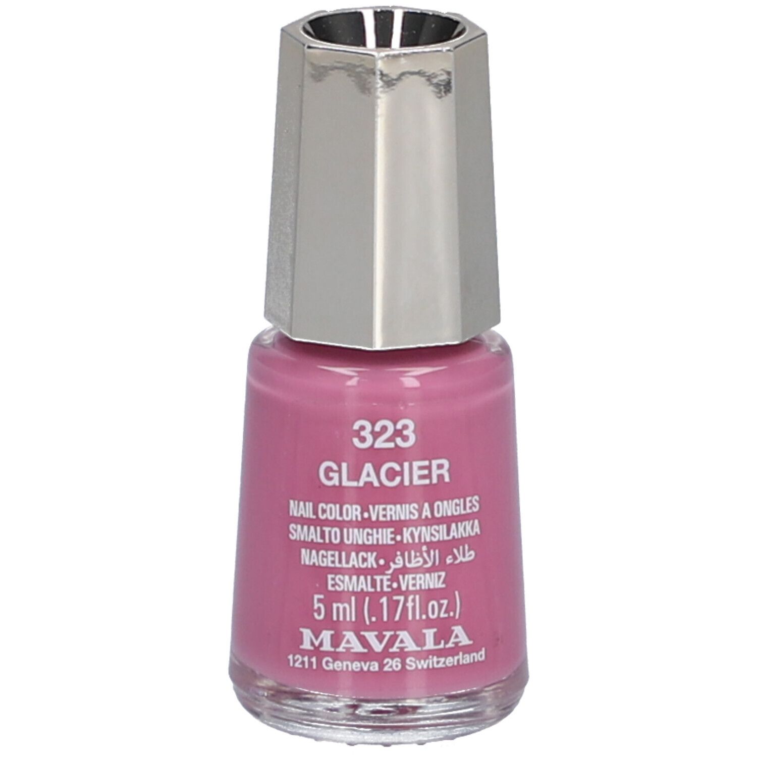 Nagellackflasche, rosa, mit silberfarbenem Deckel. Aufschrift: 323 Glacier, 5 ml, Mavala.