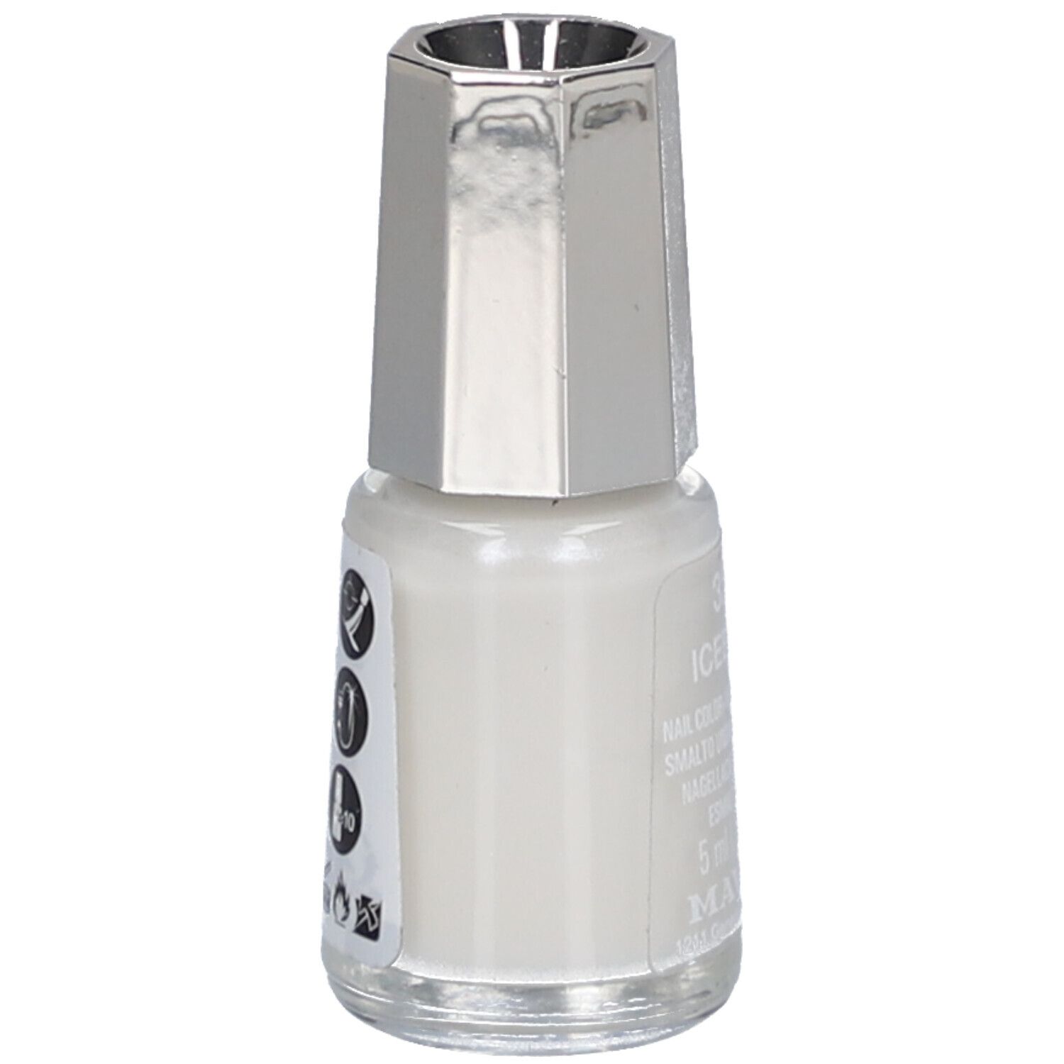 Nagellackflasche mit silbernem Deckel. Auf der Rückseite sind Symbole und Warnhinweise abgebildet.