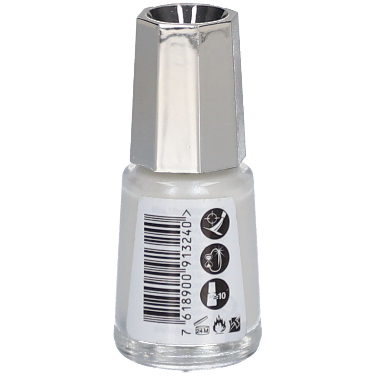 Nagellackflasche mit silbernem Deckel. Auf der Rückseite Barcode und Symbole. Marke: MAVALA.