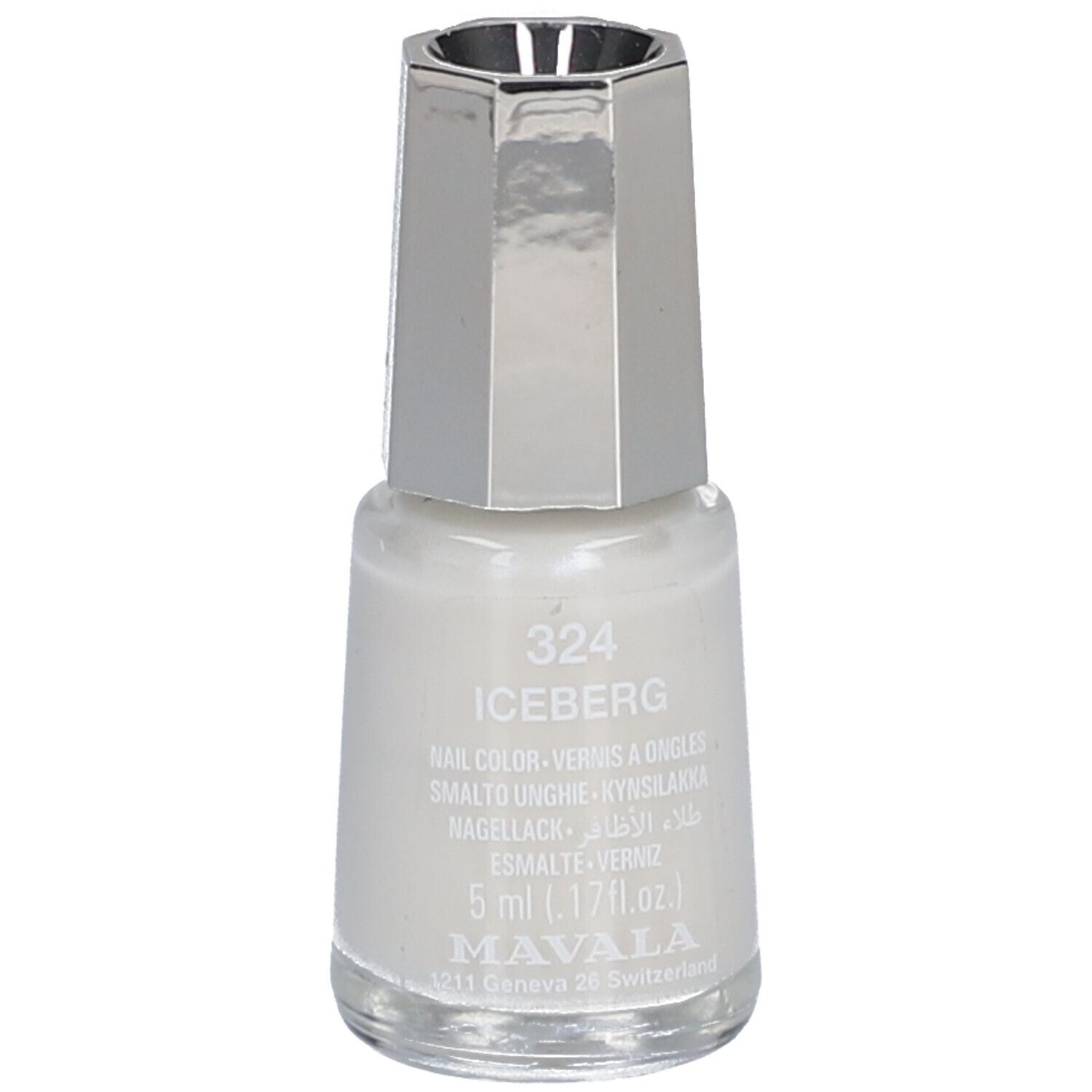 Nagellackflasche mit silbernem Deckel. Aufschrift: 324 ICEBERG, Nagellack, 5 ml. Marke: MAVALA.