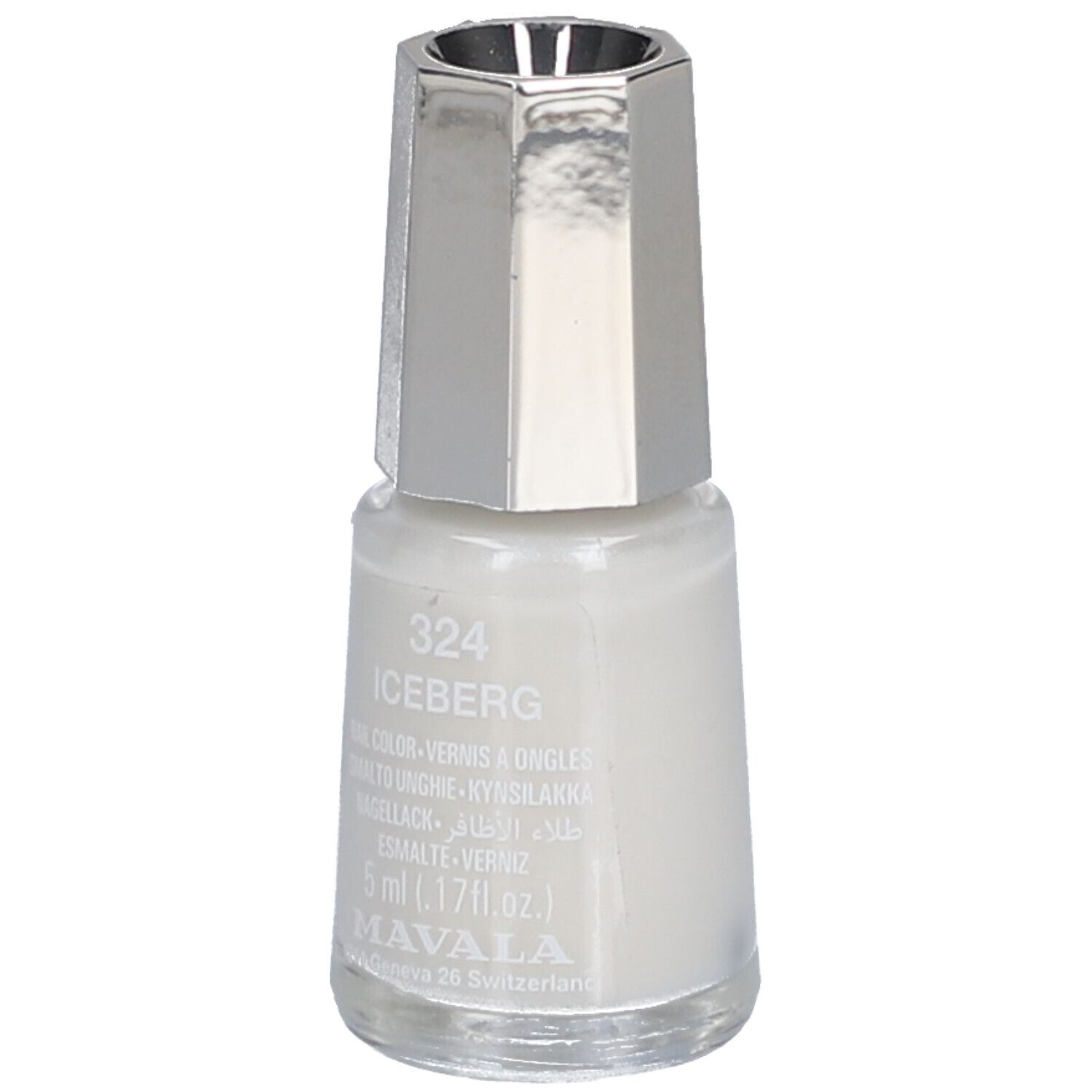 Nagellackflasche mit silbernem Deckel. Aufschrift: 324 ICEBERG, Nagellack, 5 ml. Marke: MAVALA.