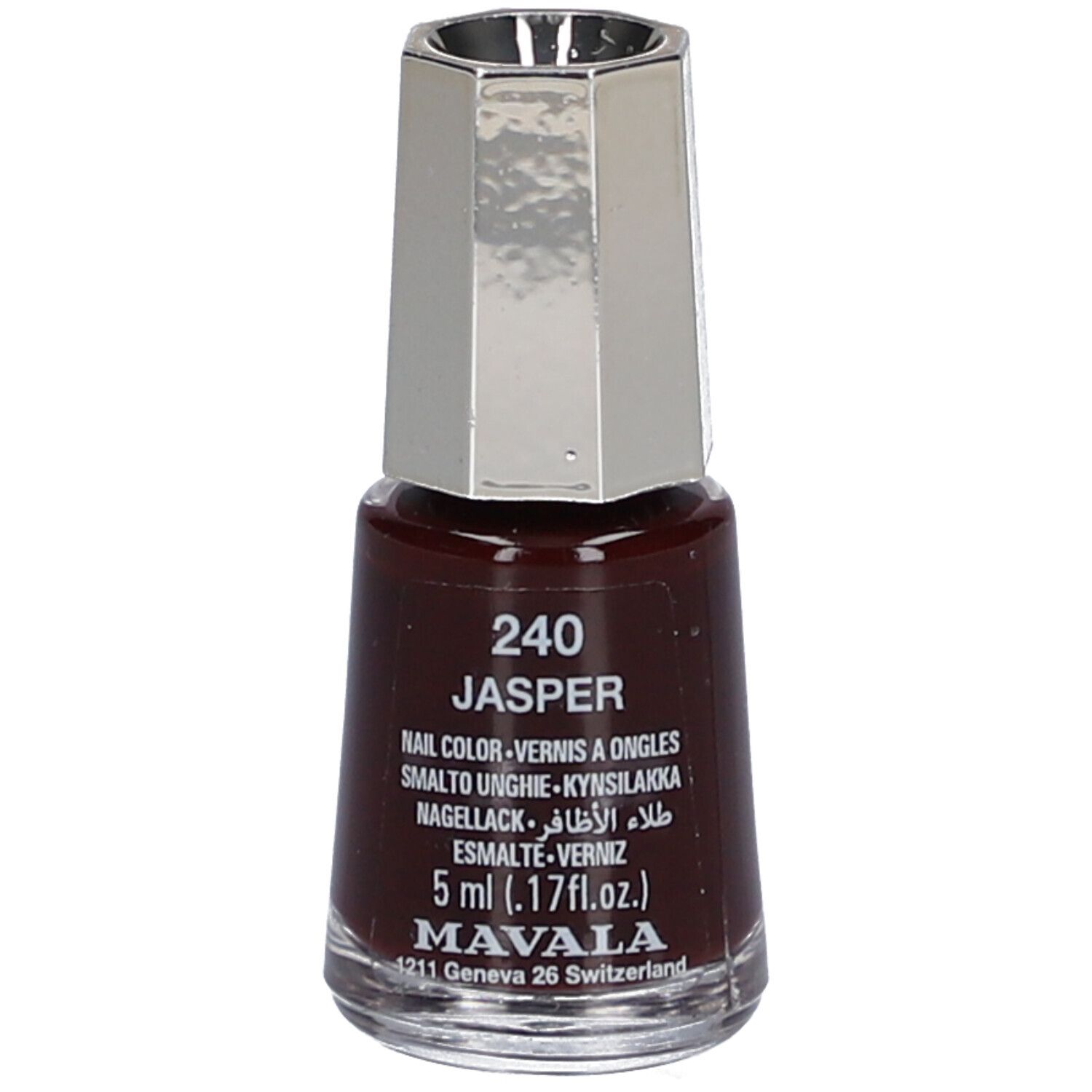 Nagellackflasche, dunkelbraune Farbe. Silberfarbener Deckel. Aufschrift: 240 Jasper, Nail Color, 5 ml, Mavala.