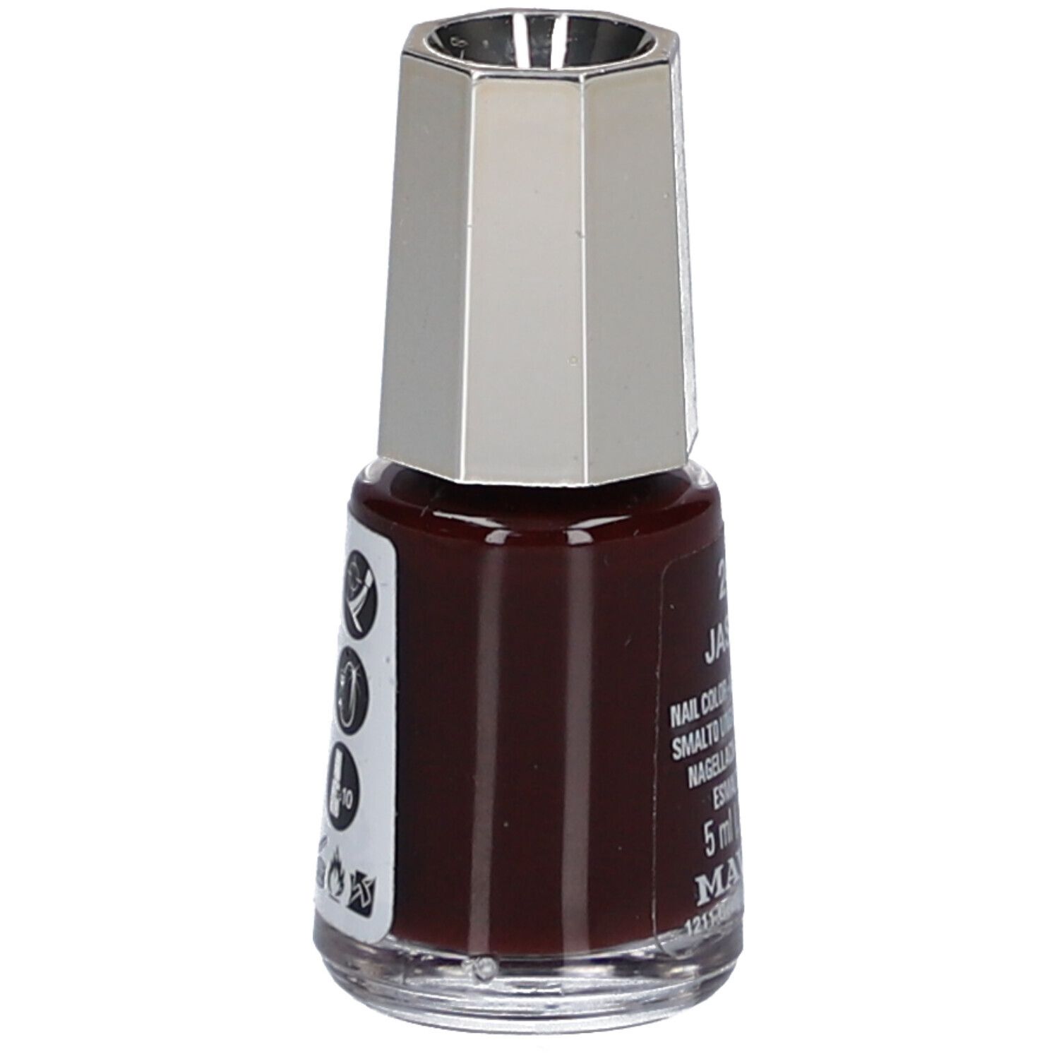 Nagellackflasche, dunkelbraune Farbe. Silberfarbener Deckel. Aufkleber mit Symbolen und Text.