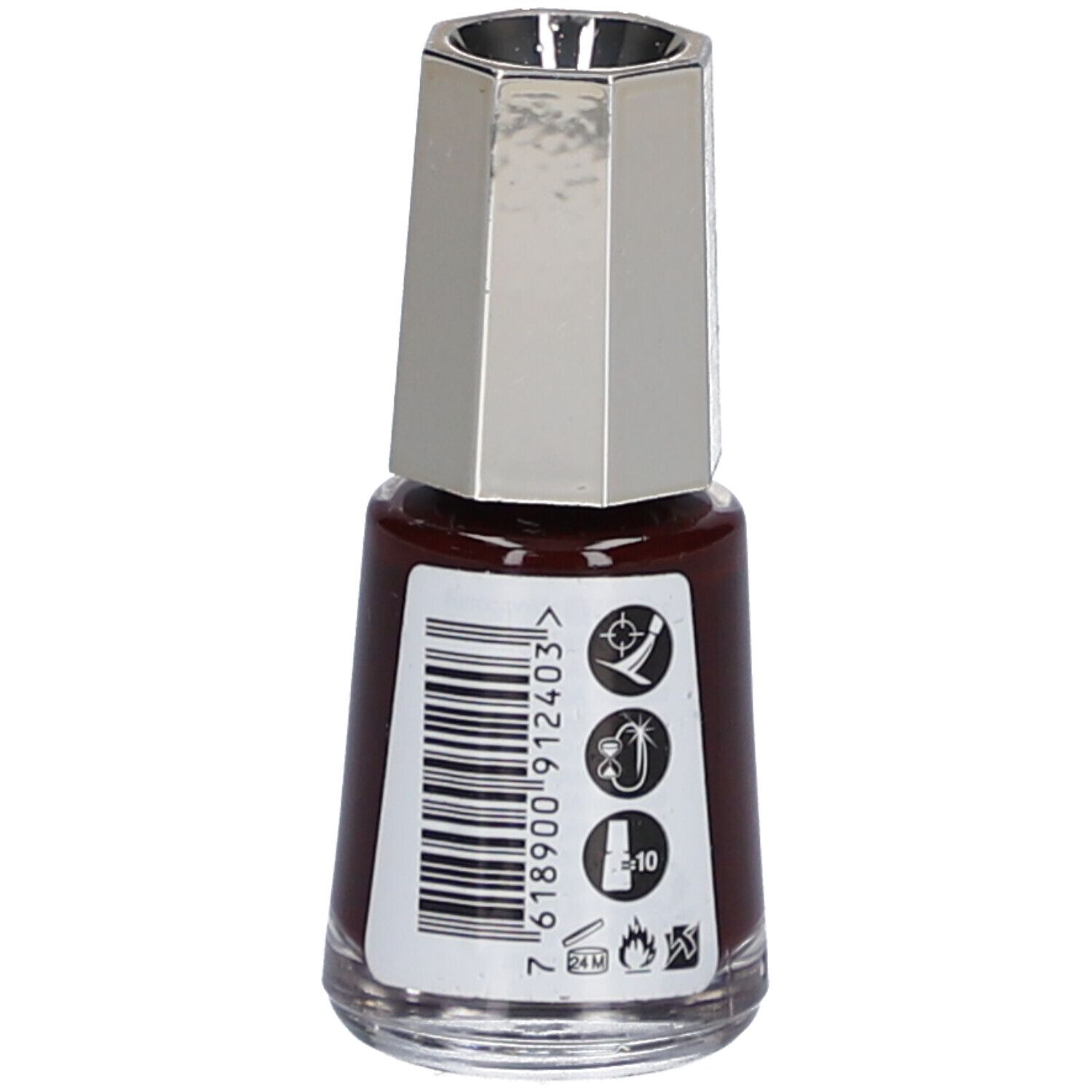 Nagellackflasche, dunkelbraune Farbe. Silberfarbener Deckel. Aufkleber mit Barcode und Symbolen.