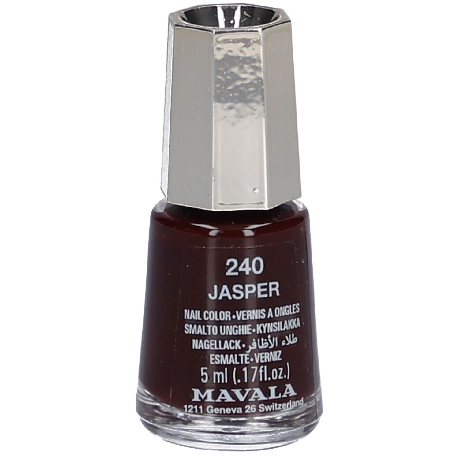 Nagellackflasche, dunkelbraune Farbe. Silberfarbener Deckel. Aufschrift: 240 Jasper, Nail Color, 5 ml, Mavala.