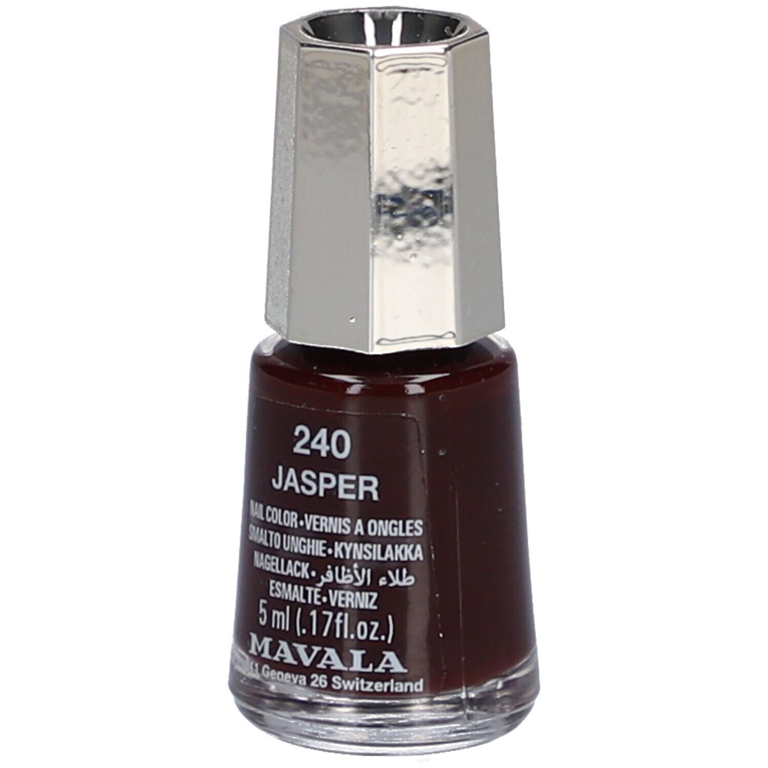 Nagellackflasche, dunkelbraune Farbe. Silberfarbener Deckel. Aufschrift: 240 Jasper, Nail Color, 5 ml, Mavala.