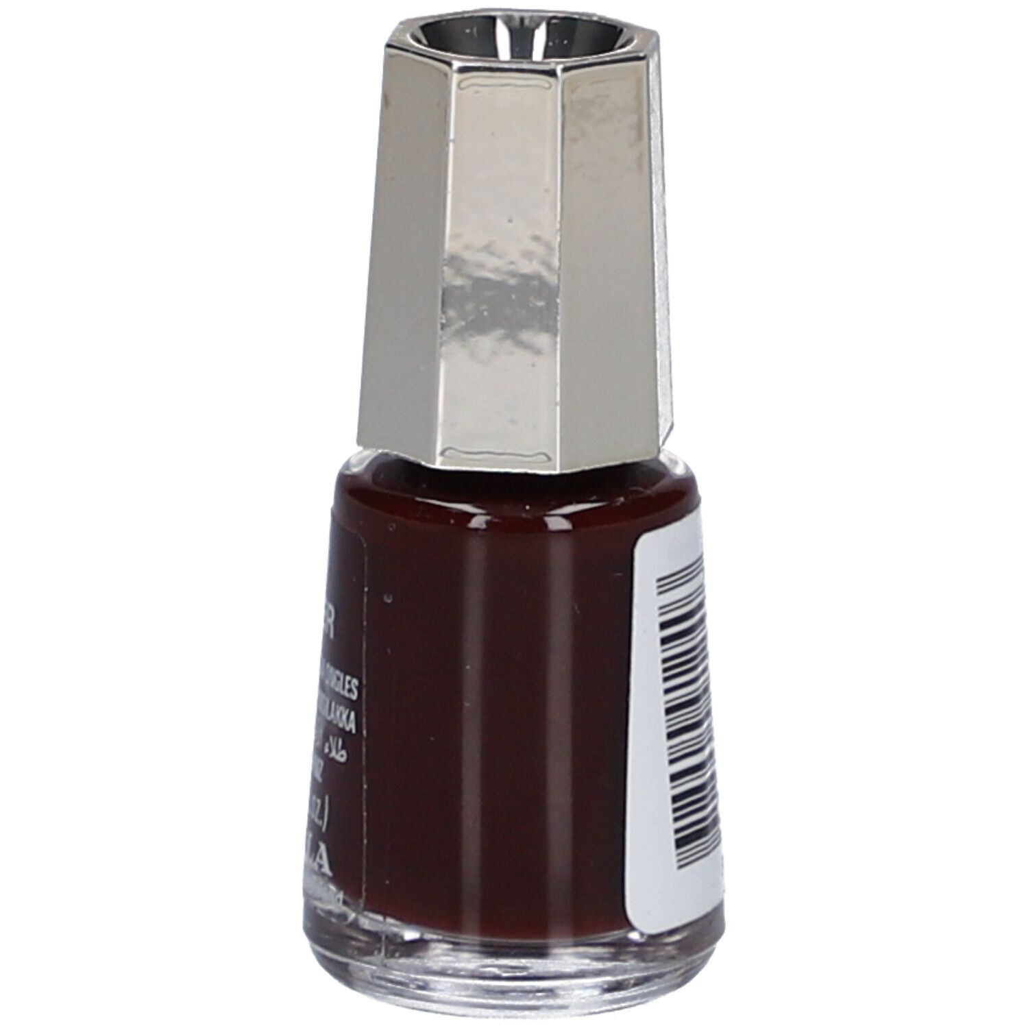 Nagellackflasche, dunkelbraune Farbe. Silberfarbener Deckel. Aufkleber mit Barcode und Text.