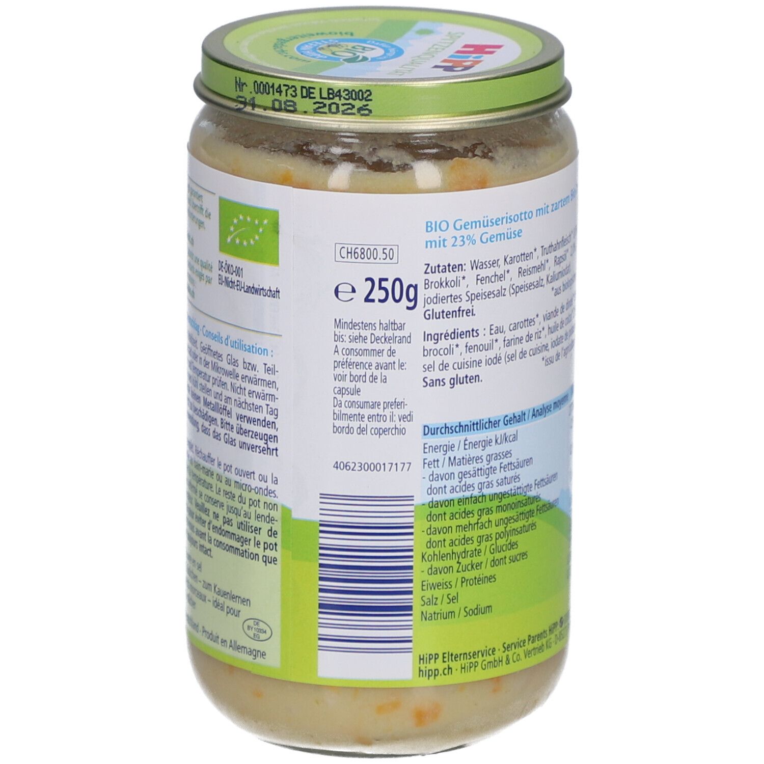 Bocal HiPP, dos avec liste d'ingrédients et date limite. Label bio et texte. Couvercle vert.
