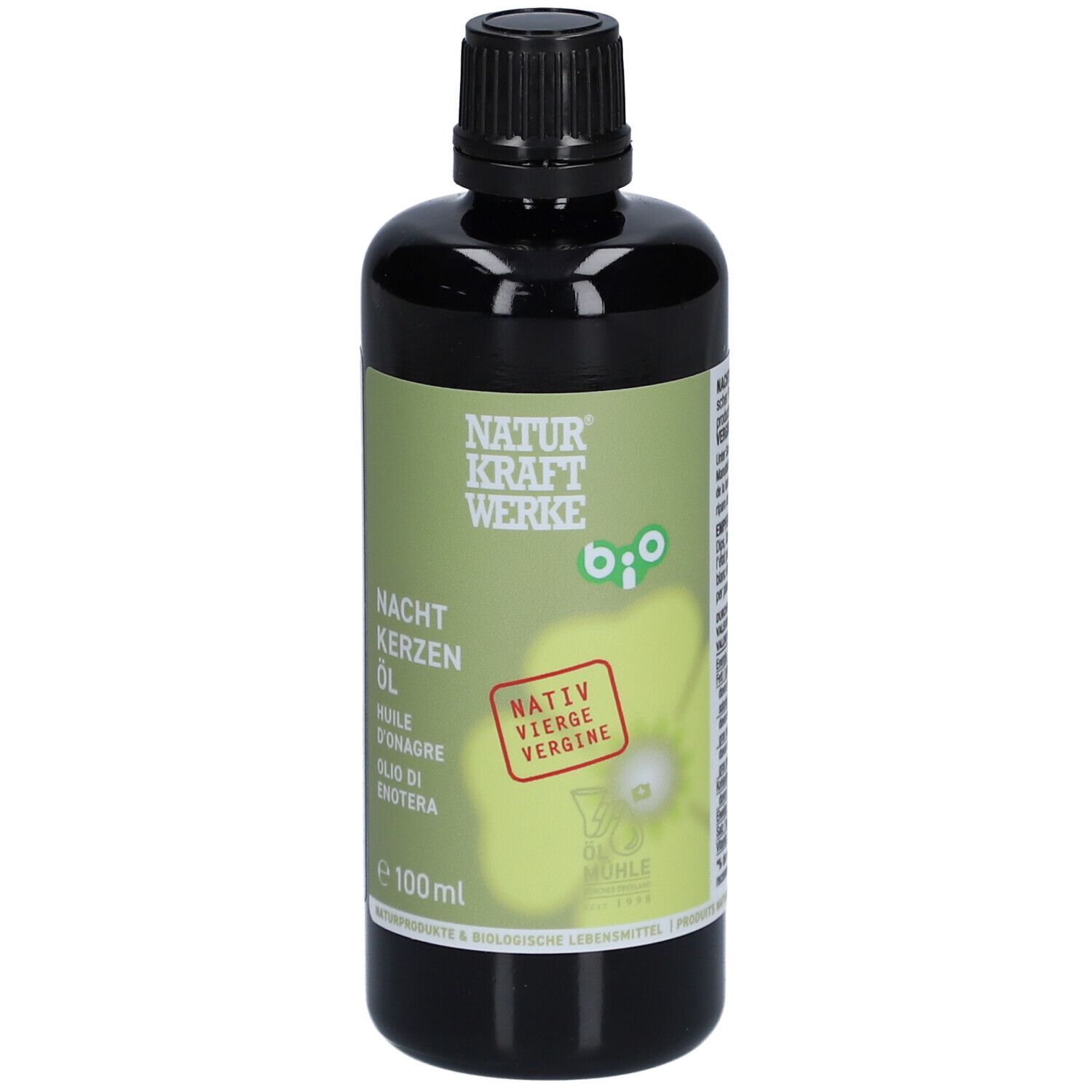 Braune Flasche mit schwarzem Deckel. Etikett mit Produktnamen und Bio-Siegel. "Nachtkerzen Öl" und "Nativ Vierge" sind sichtbar.
