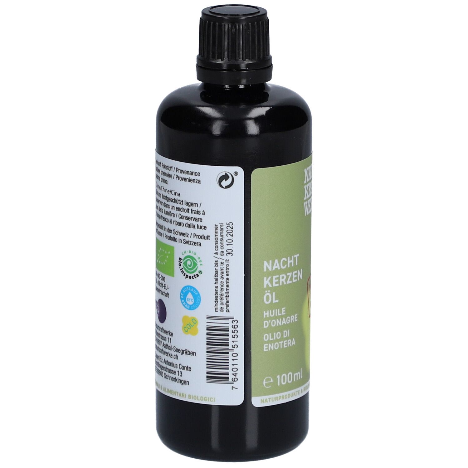 Braune Flasche mit schwarzem Deckel. Rückseite mit Etikett, Text in mehreren Sprachen. Bio-Siegel und Haltbarkeitsdatum sind sichtbar.
