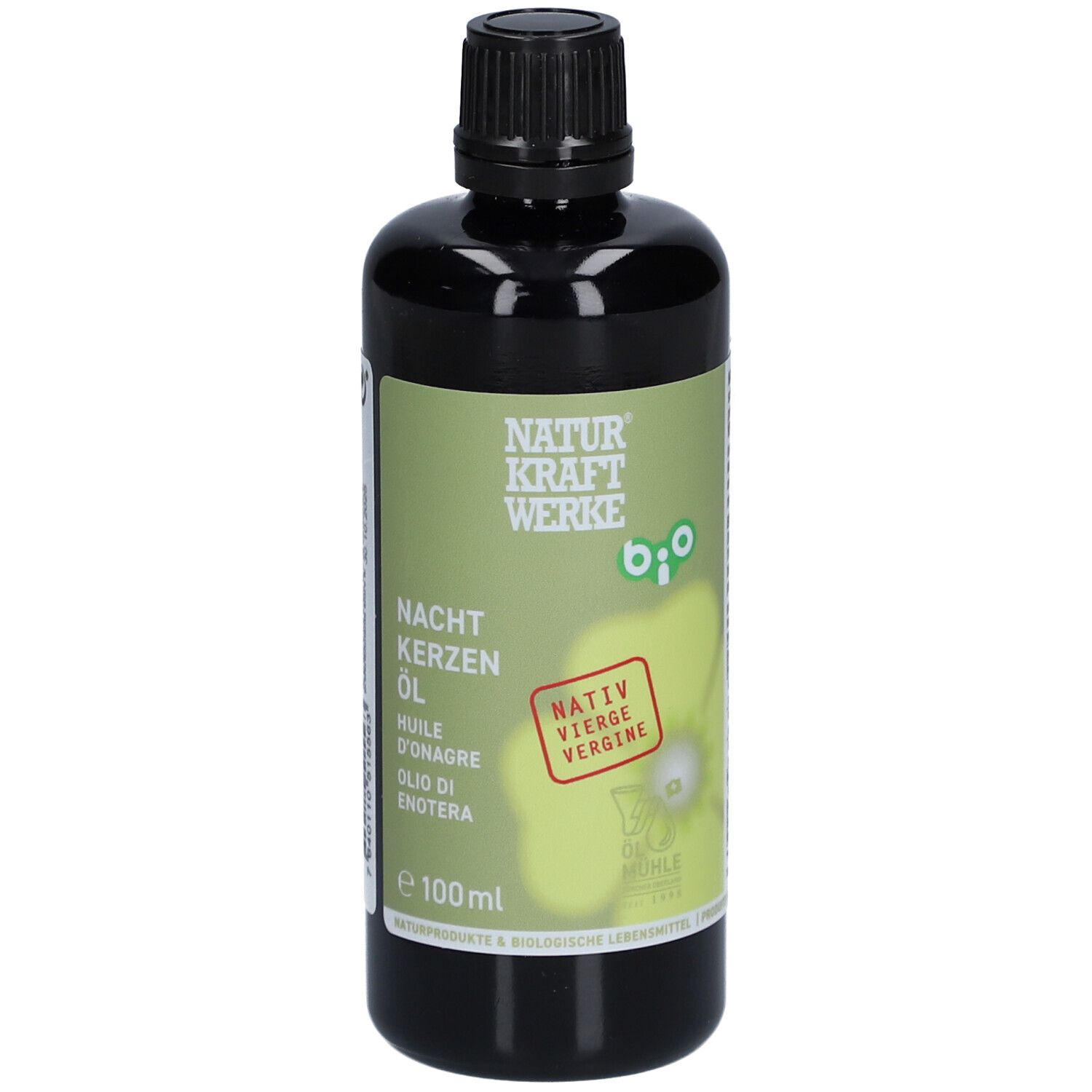 Braune Flasche mit schwarzem Deckel. Etikett mit Produktnamen und Bio-Siegel. "Nachtkerzen Öl" und "Nativ Vierge" sind sichtbar.