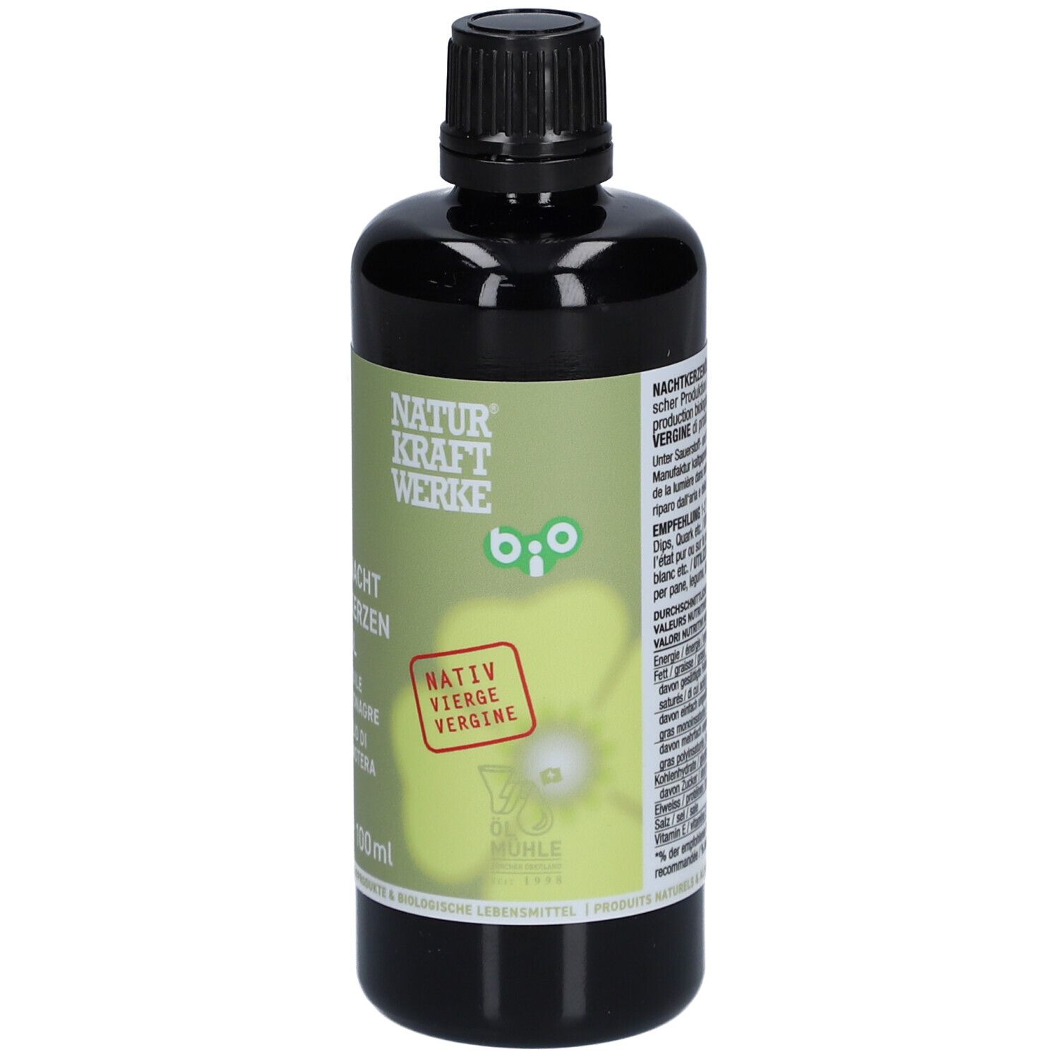 Braune Flasche mit schwarzem Deckel. Etikett mit Produktnamen und Bio-Siegel. "Nachtkerzen Öl" und "Nativ Vierge" sind sichtbar.