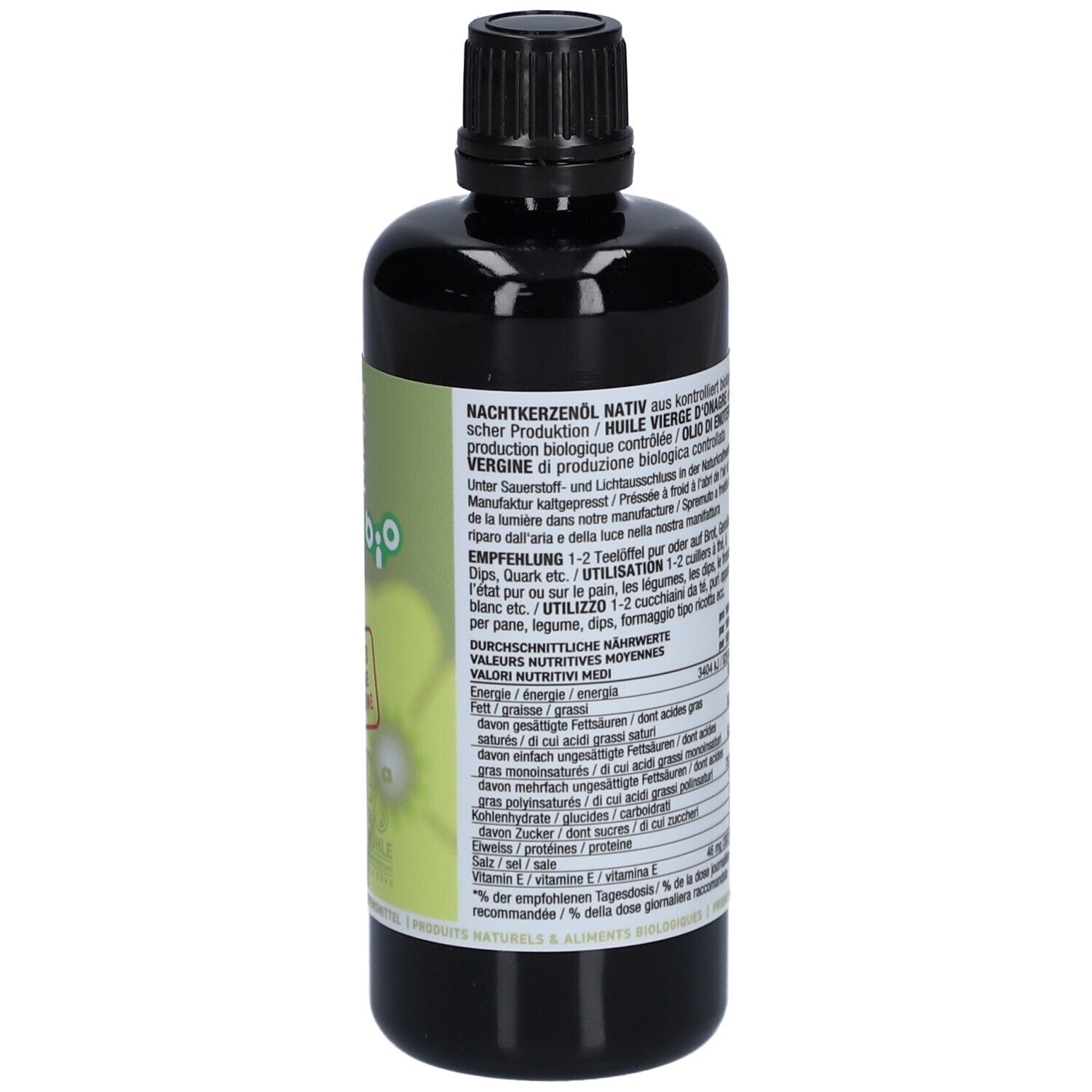 Braune Flasche mit schwarzem Deckel. Etikett mit Nährwertangaben und Inhaltsstoffen. Text in mehreren Sprachen, Bio-Siegel.